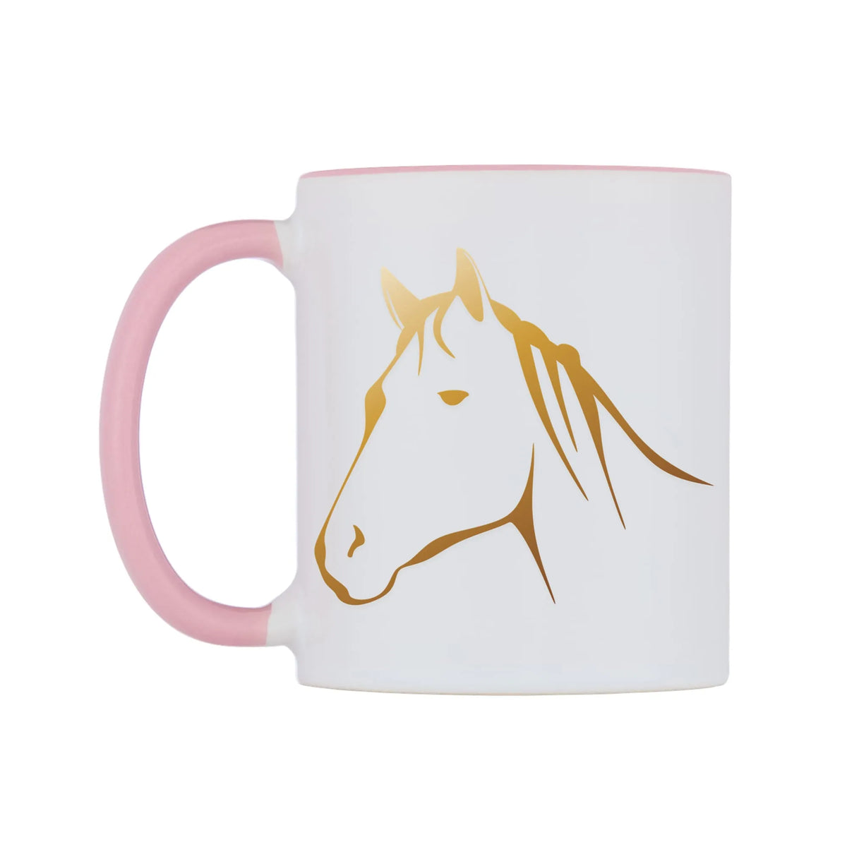 Golden Horse Mug — white 11oz gloss mug with a pink inside and handle, right side, on a white background