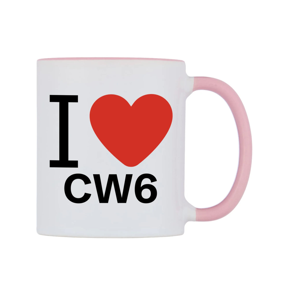 I Love CW6 Mug — white 11oz gloss mug with a pink inside and handle, left side, on a white background