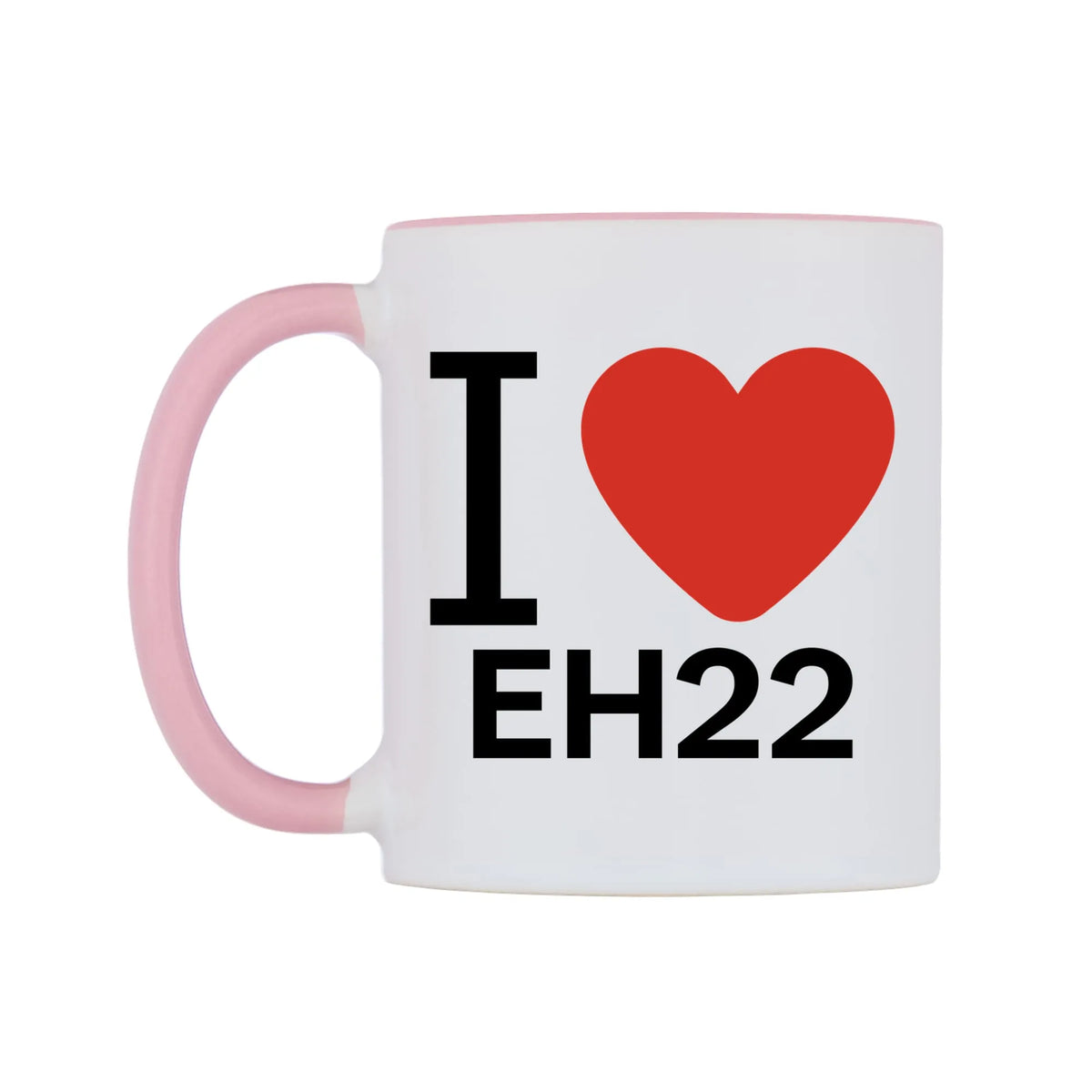 I Love EH22 Mug — white 11oz gloss mug with a pink inside and handle, right side, on a white background