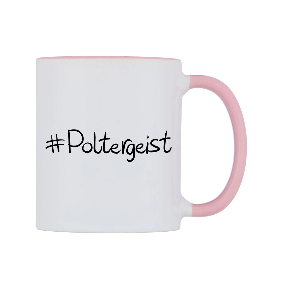 Poltergeist Mug — white 11oz gloss mug with a pink inside and handle, left side, on a white background