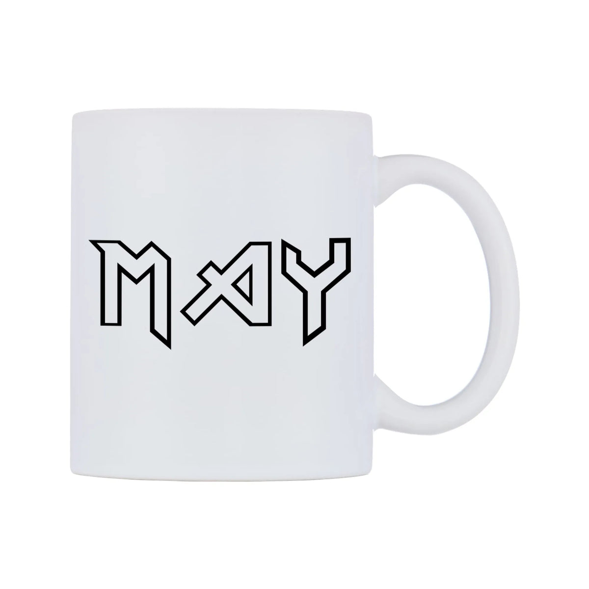 May - Iron Maiden Themed Mug — white 11oz gloss mug, left side, on a white background
