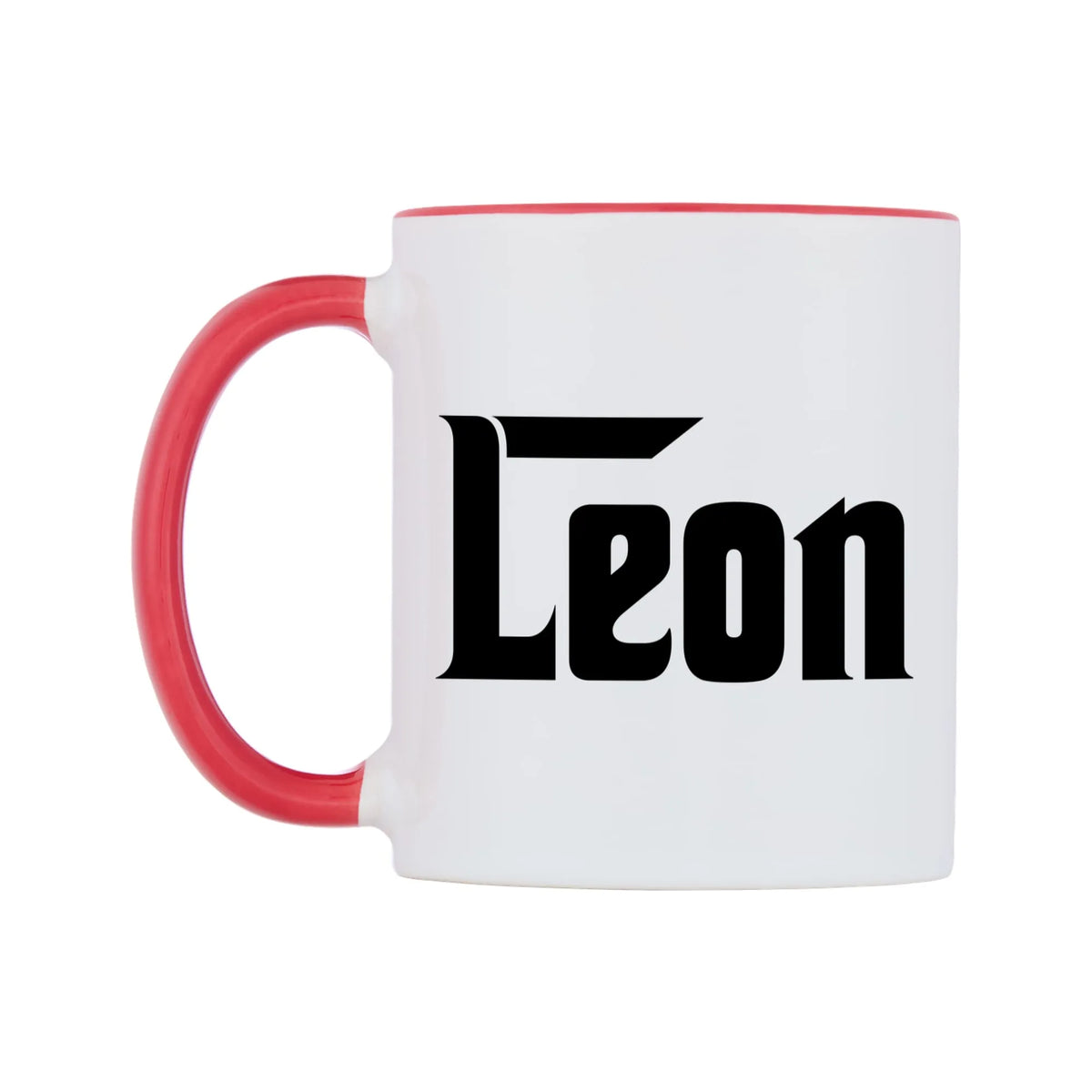 Leon - Godfather Themed Mug — white 11oz gloss mug with a red inside and handle, right side, on a white background