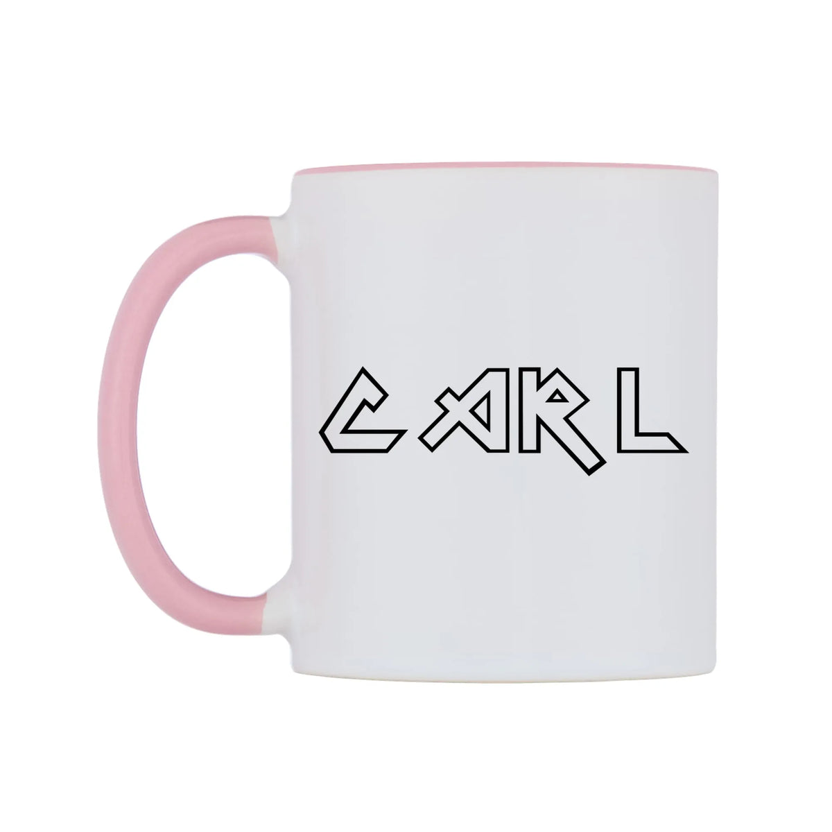 Carl - Iron Maiden Themed Mug — white 11oz gloss mug with a pink inside and handle, right side, on a white background