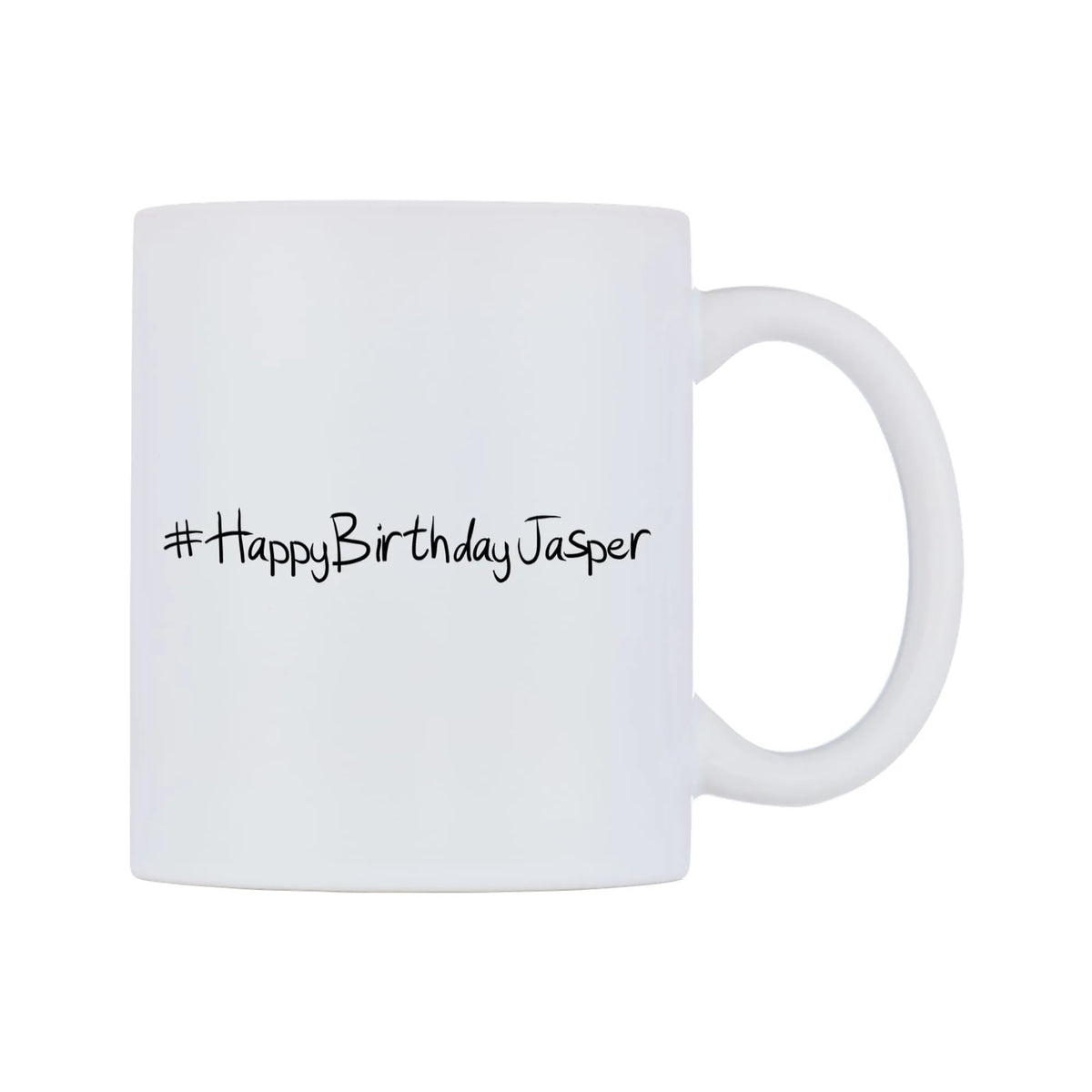 HappyBirthdayJasper Mug — mug, left side, on a white background