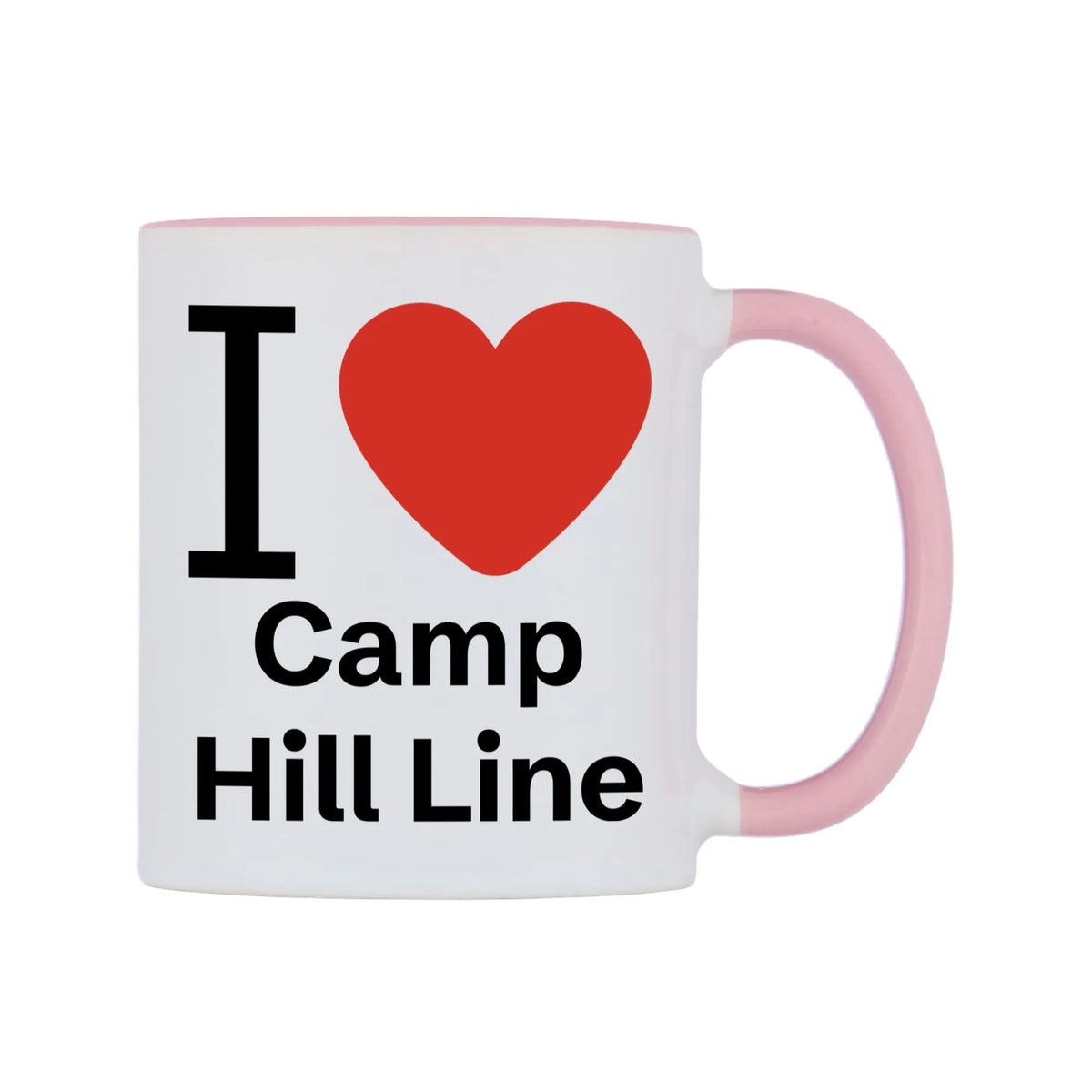 I Love Camp Hill Line Mug — white 11oz gloss mug with a pink inside and handle, left side, on a white background