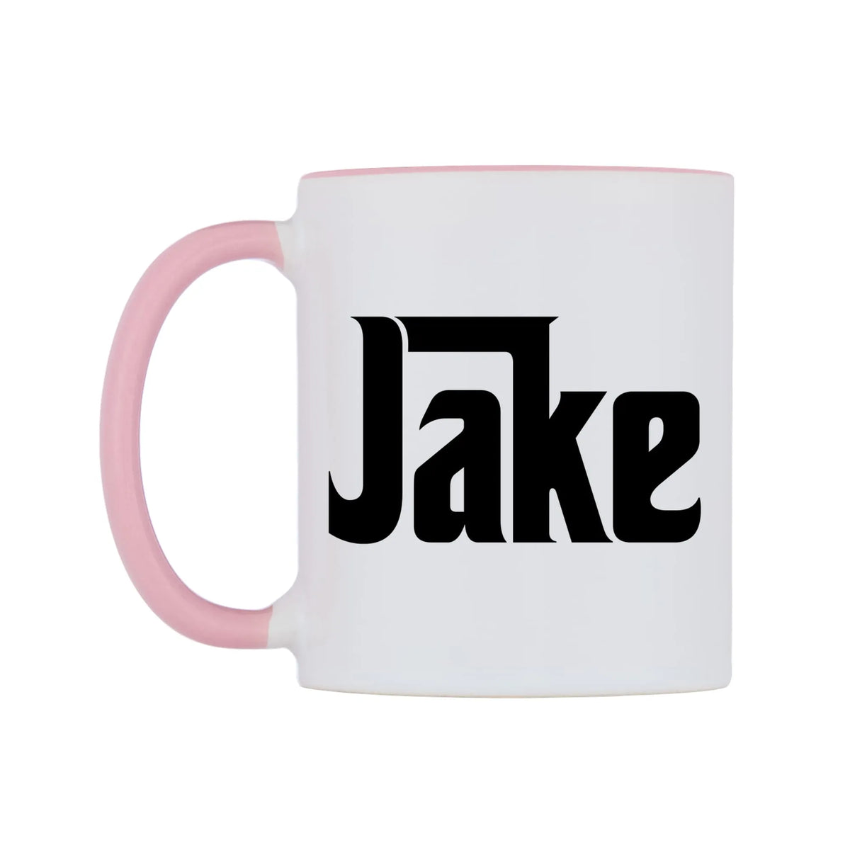 Jake - Godfather Themed Mug — white 11oz gloss mug with a pink inside and handle, right side, on a white background
