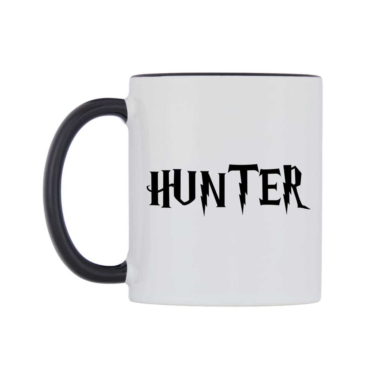 Hunter - Wizard Themed Mug — white 11oz gloss mug with a black inside and handle, right side, on a white background