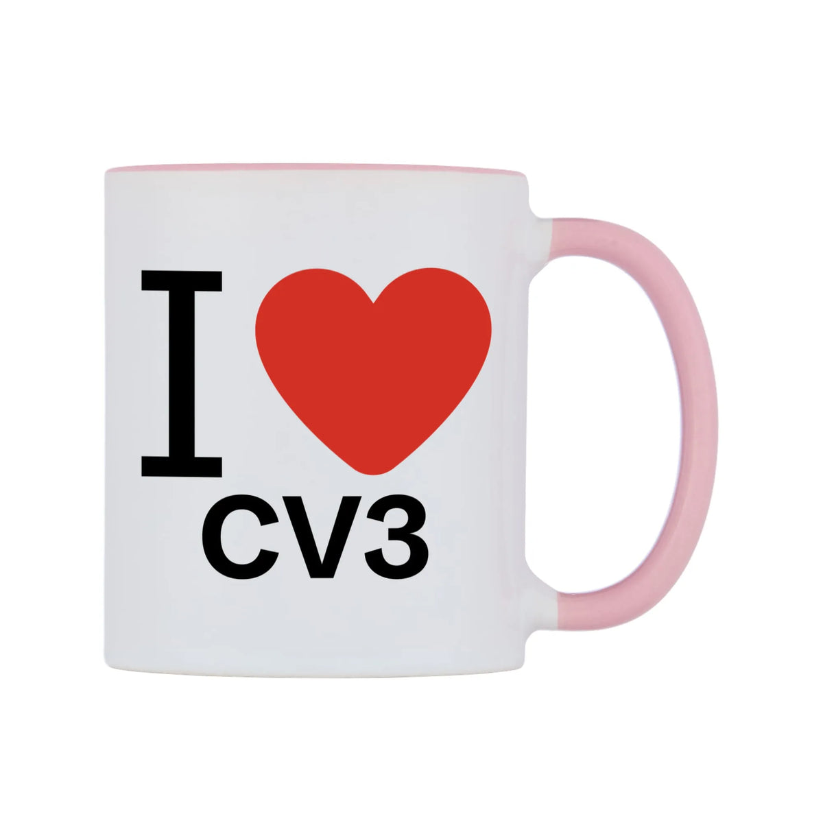 I Love CV3 Mug — white 11oz gloss mug with a pink inside and handle, left side, on a white background