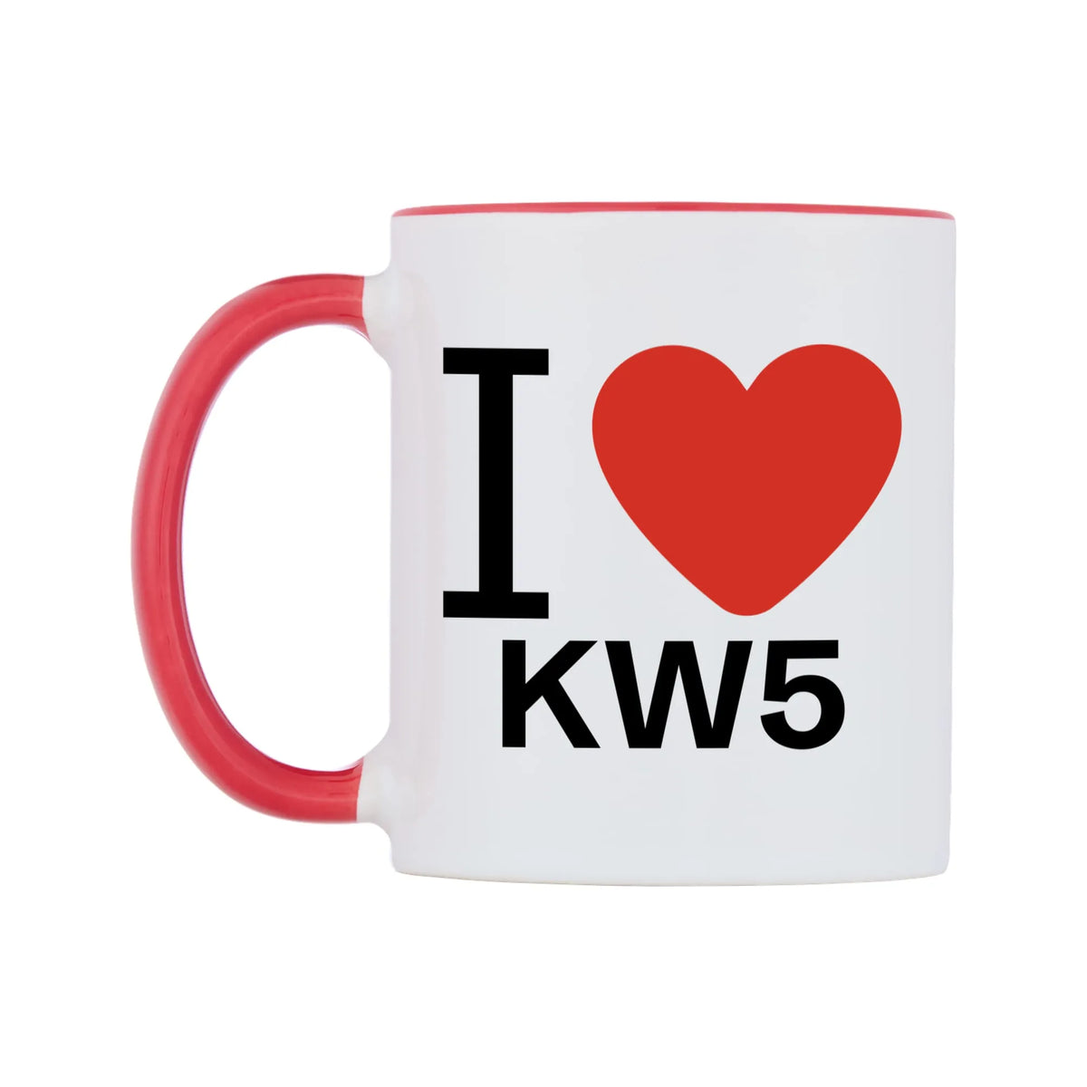 I Love KW5 Mug — white 11oz gloss mug with a red inside and handle, right side, on a white background