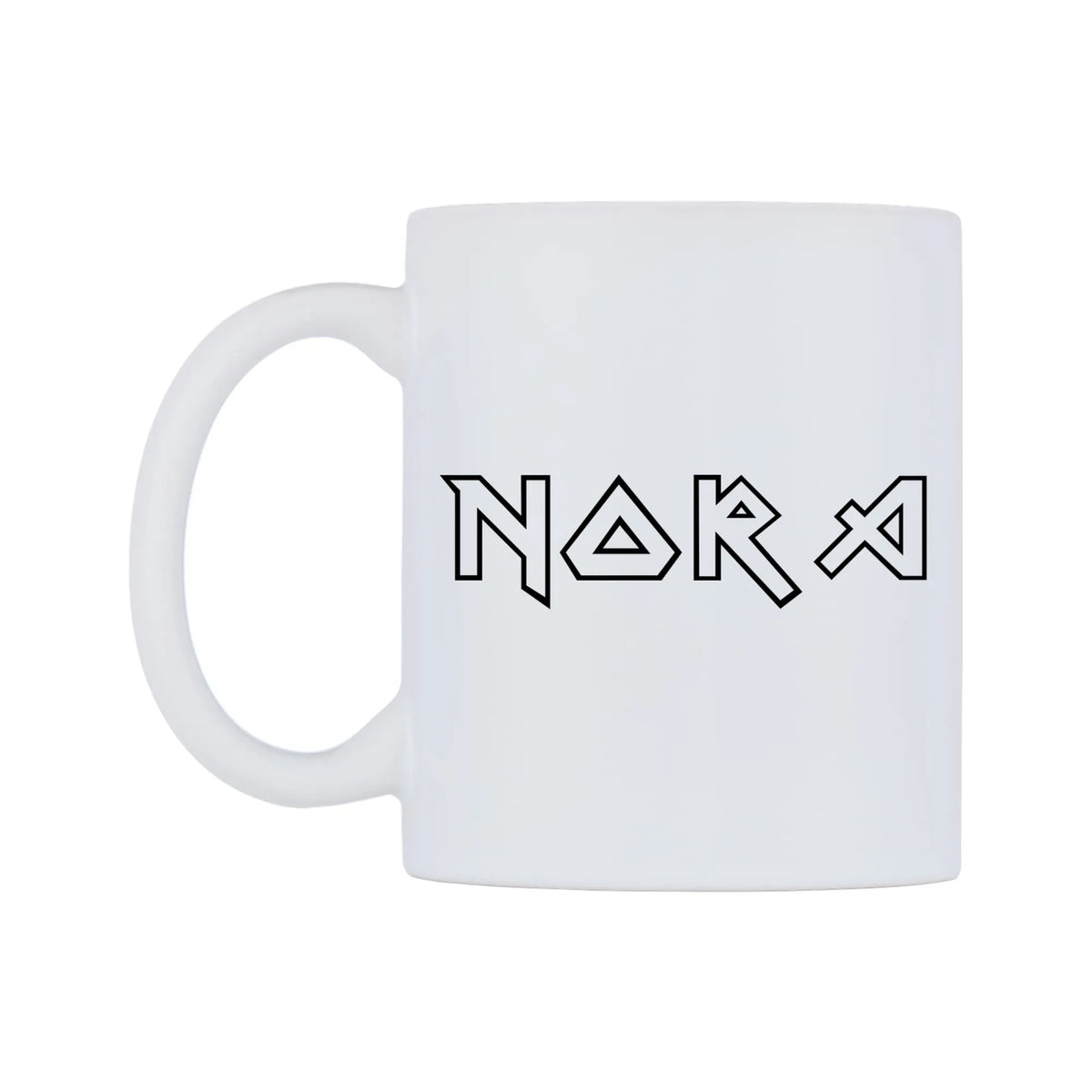Nora - Iron Maiden Themed Mug — white 11oz gloss mug, right side, on a white background