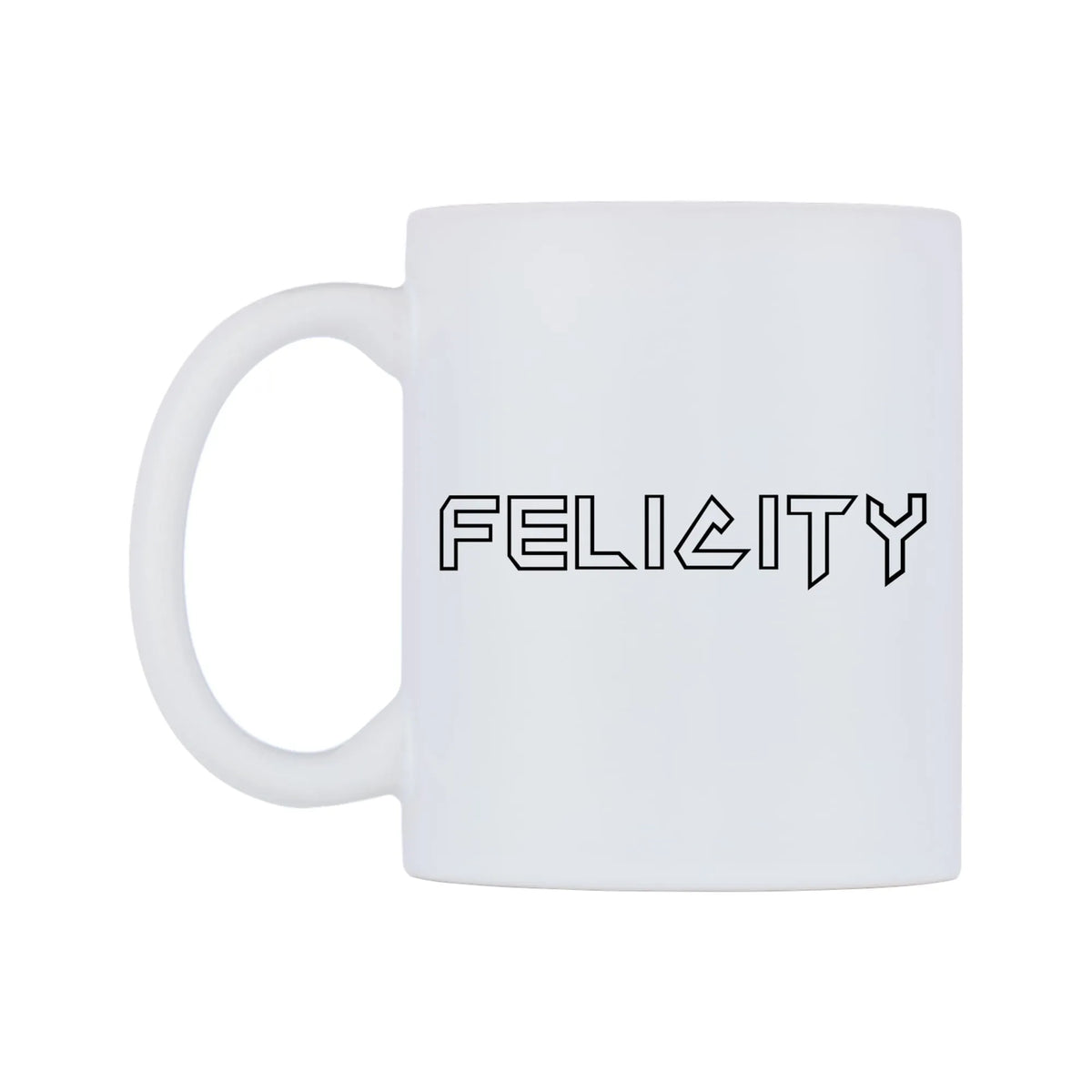 Felicity - Iron Maiden Themed Mug — white 11oz gloss mug, right side, on a white background