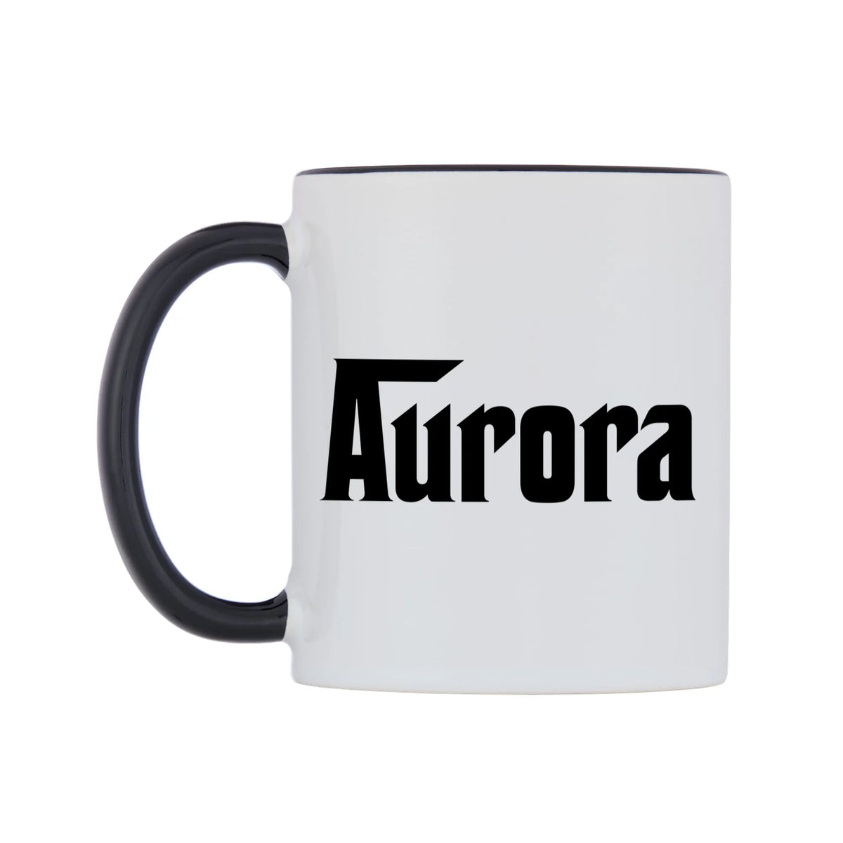 Aurora - Godfather Themed Mug — white 11oz gloss mug with a black inside and handle, right side, on a white background