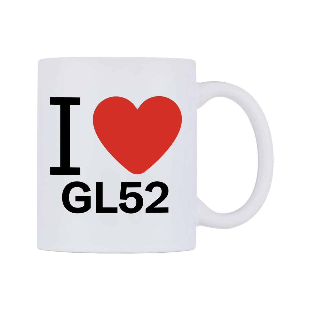 I Love GL52 Mug — white 11oz gloss mug, left side, on a white background