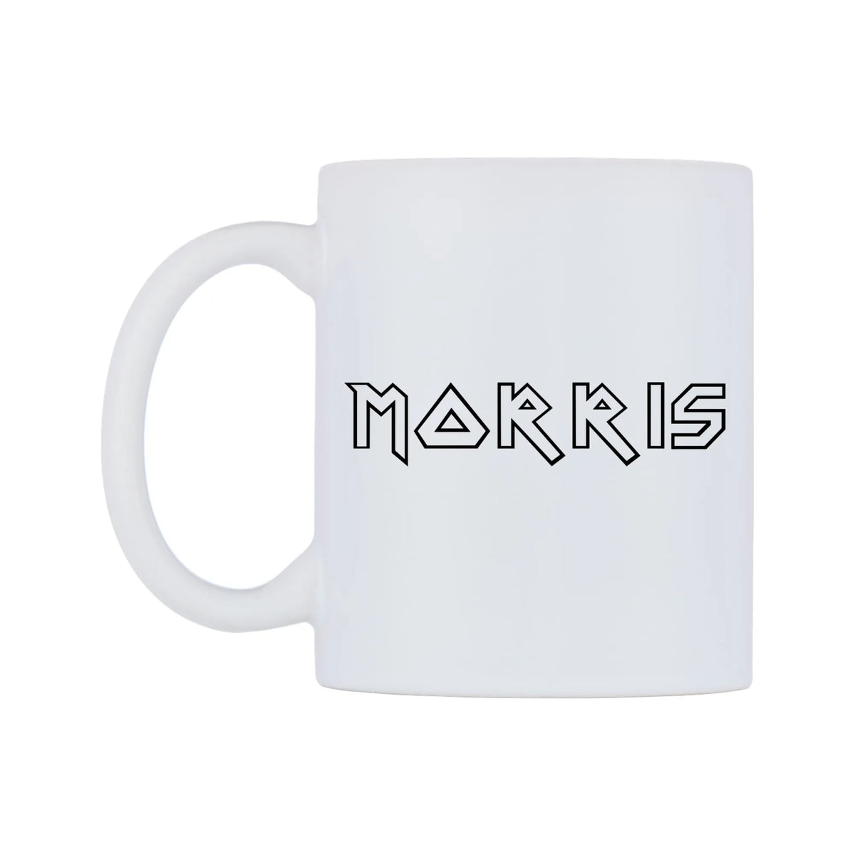 Morris - Iron Maiden Themed Mug — white 11oz gloss mug, right side, on a white background