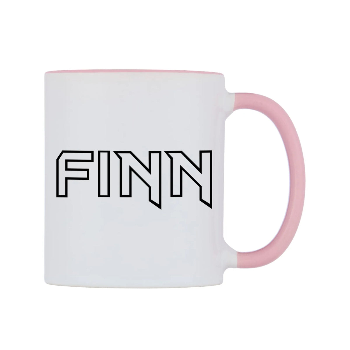 Finn - Iron Maiden Themed Mug — white 11oz gloss mug with a pink inside and handle, left side, on a white background