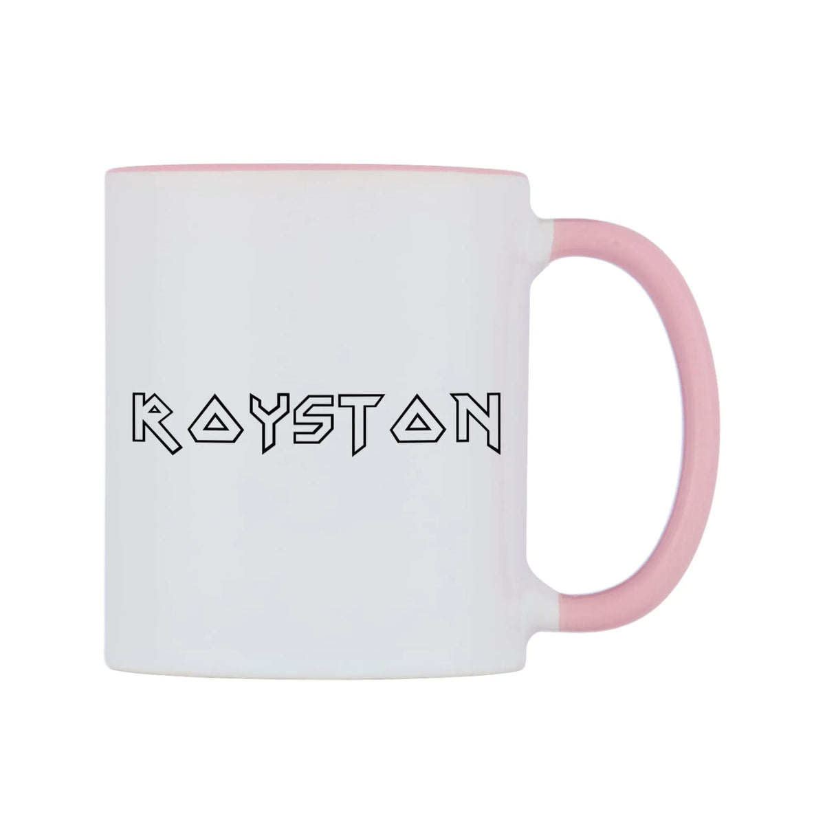 Royston - Iron Maiden Themed Mug — white 11oz gloss mug with a pink inside and handle, left side, on a white background