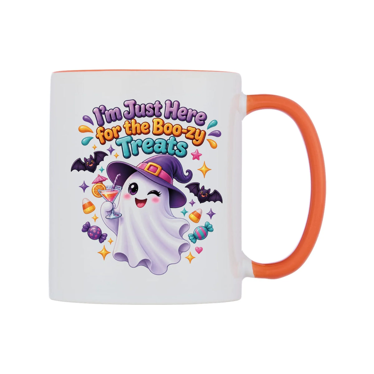 I'm Just Here for the Boo-zy Treats Mug — white 11oz gloss mug with a orange inside and handle, left side, on a white background