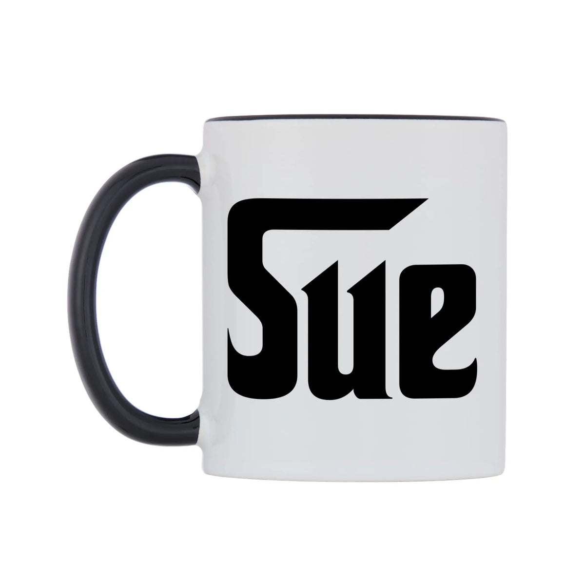 Sue - Godfather Themed Mug — white 11oz gloss mug with a black inside and handle, right side, on a white background