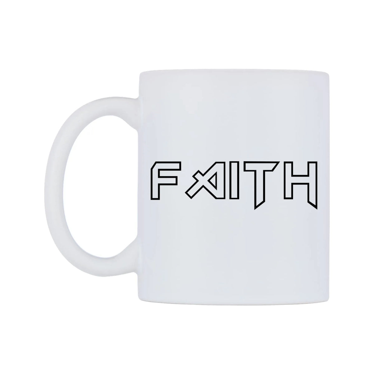 Faith - Iron Maiden Themed Mug — white 11oz gloss mug, right side, on a white background