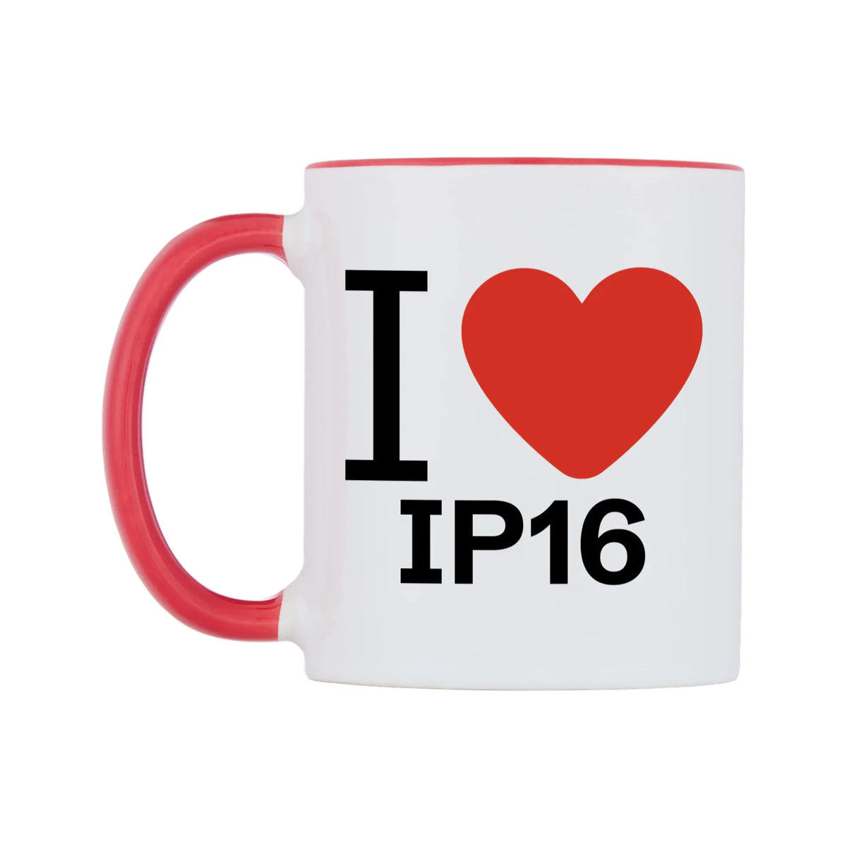 I Love IP16 Mug — white 11oz gloss mug with a red inside and handle, right side, on a white background
