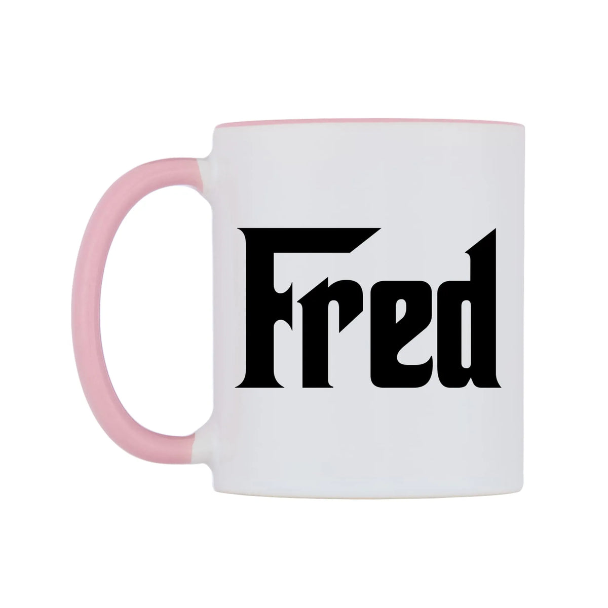 Fred - Godfather Themed Mug — white 11oz gloss mug with a pink inside and handle, right side, on a white background