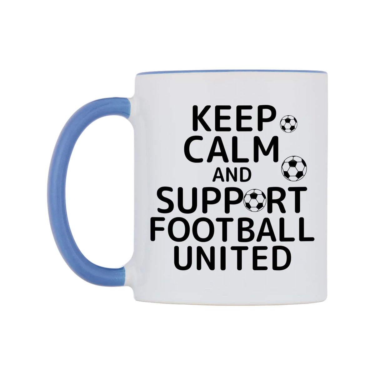 Keep Calm And Support Personalised Team Mug — white 11oz gloss mug with a cambridge blue inside and handle, right side, on a white background
