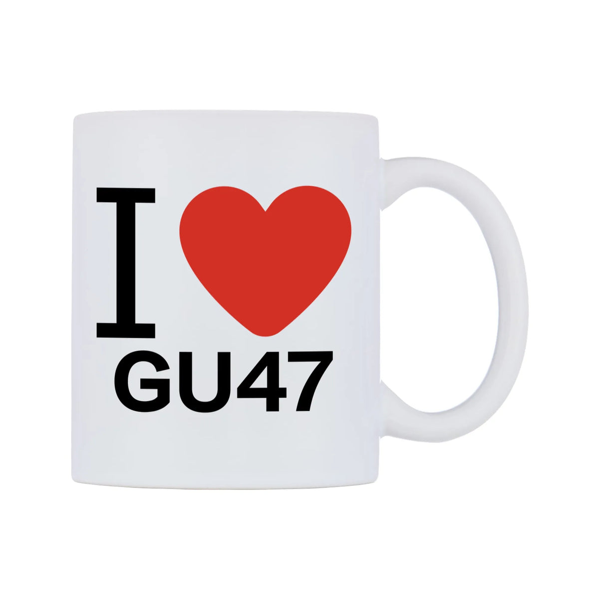 I Love GU47 Mug — white 11oz gloss mug, left side, on a white background