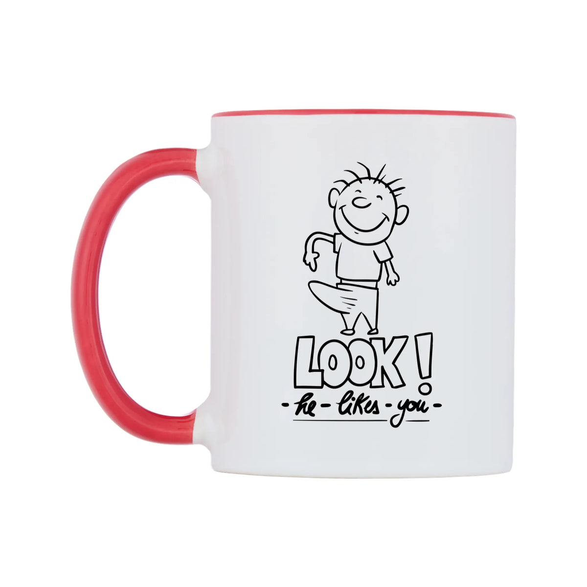 LOOK! - he - likes - you - Mug — white 11oz gloss mug with a red inside and handle, right side, on a white background