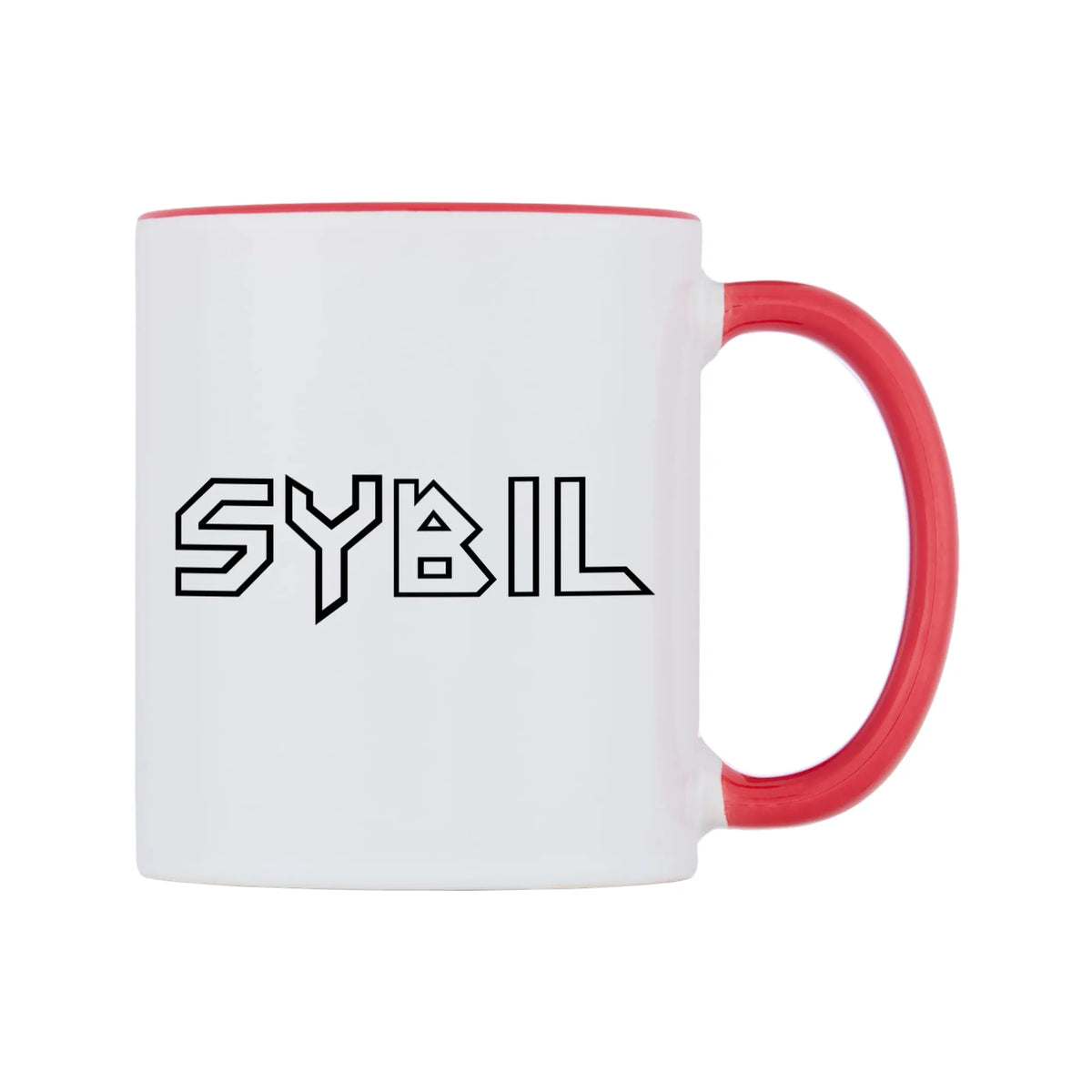 Sybil - Iron Maiden Themed Mug — white 11oz gloss mug with a red inside and handle, left side, on a white background