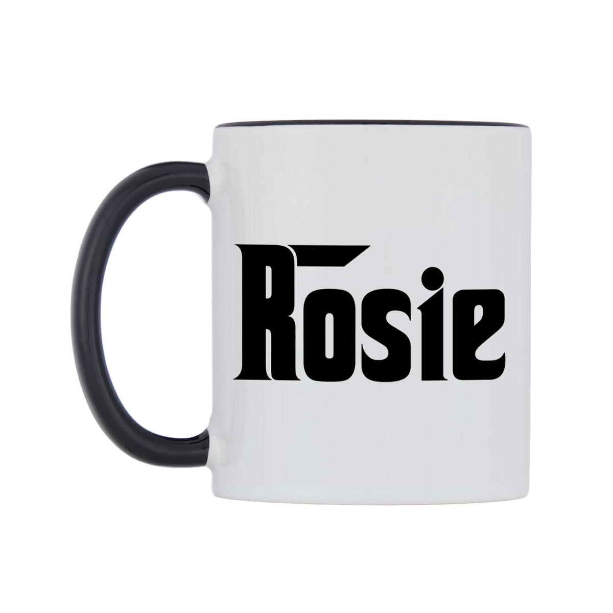 Rosie - Godfather Themed Mug — white 11oz gloss mug with a black inside and handle, right side, on a white background
