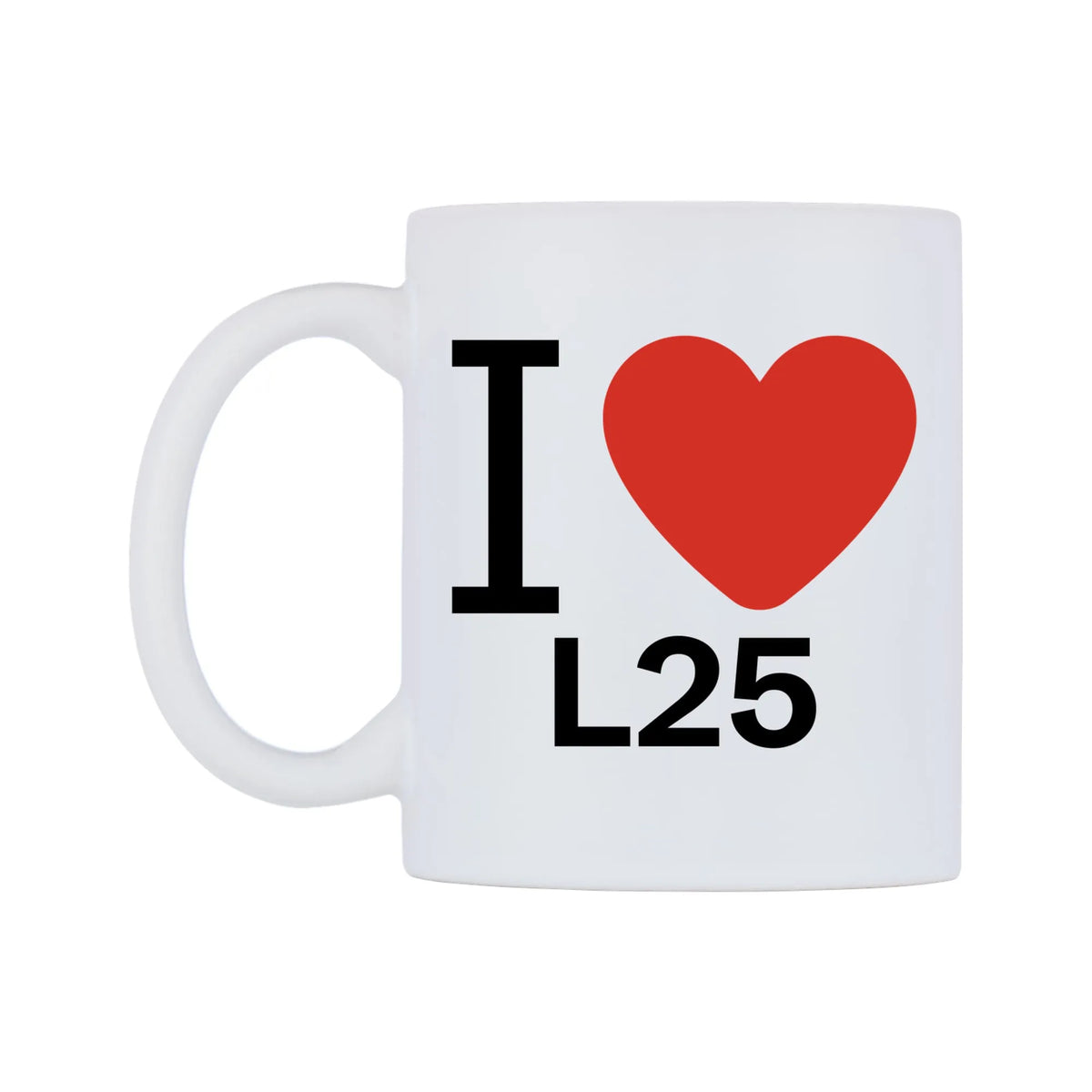 I Love L25 Mug — white 11oz gloss mug, right side, on a white background