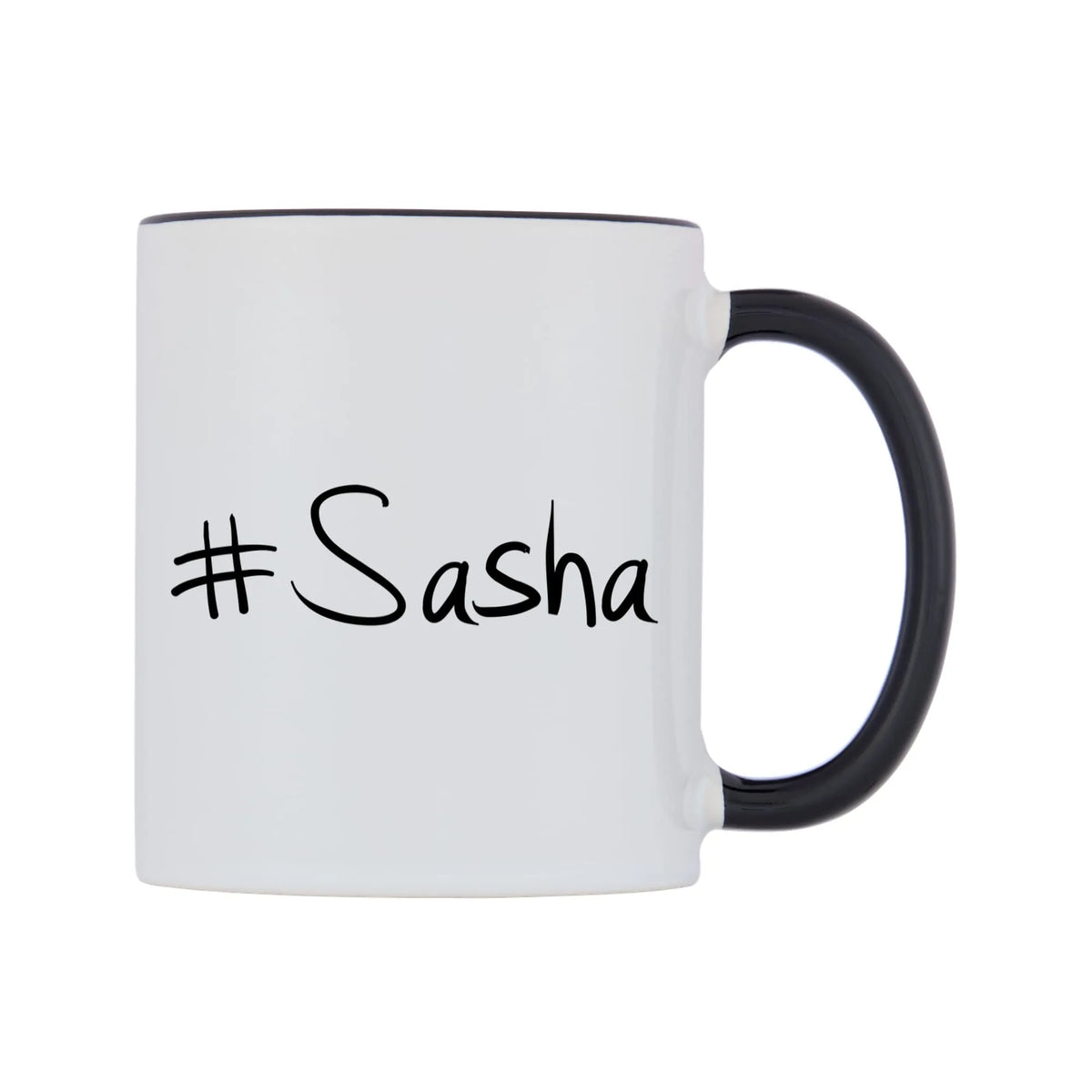 Sasha Mug — white 11oz gloss mug with a black inside and handle, left side, on a white background