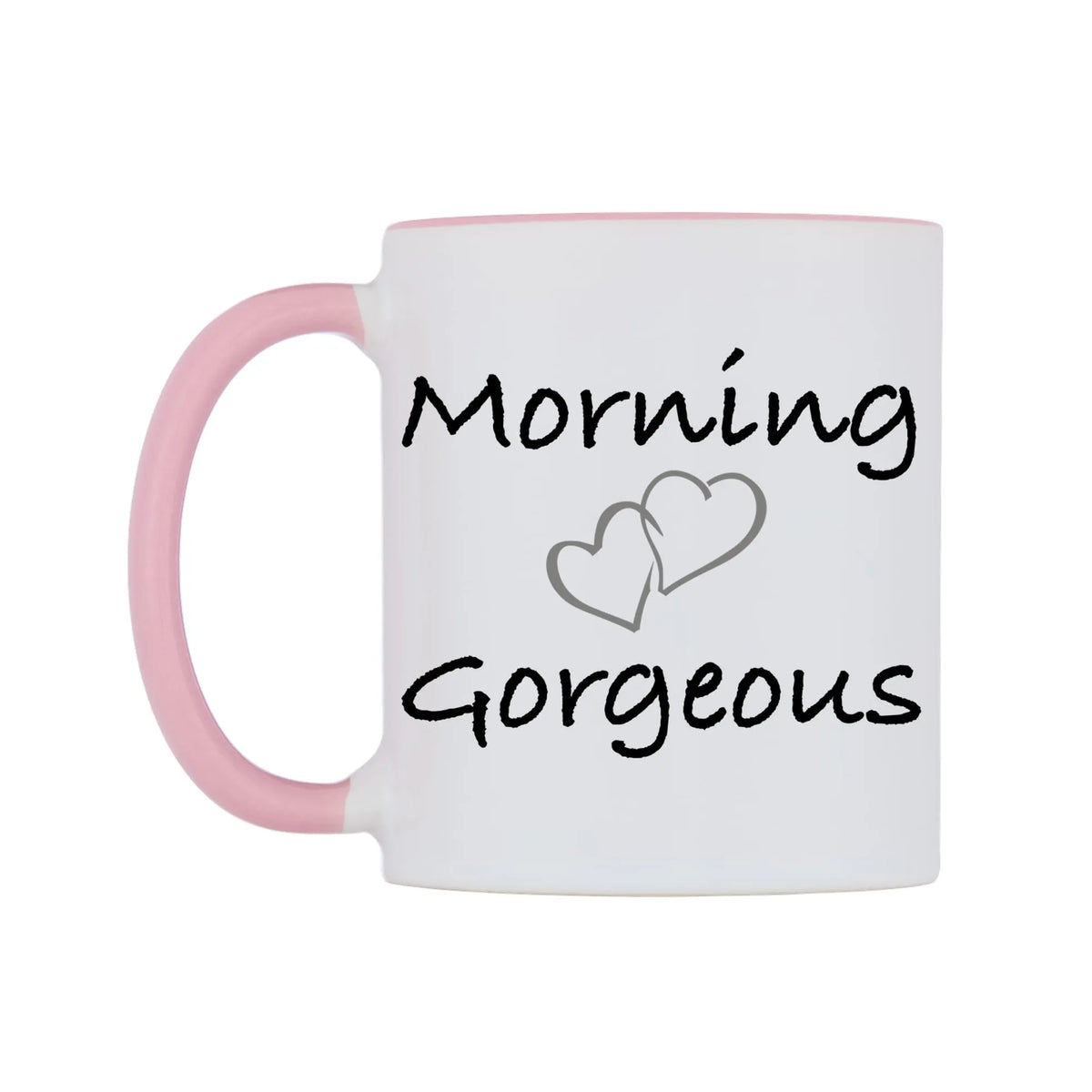 Morning Gorgeous Mug — white 11oz gloss mug with a pink inside and handle, right side, on a white background