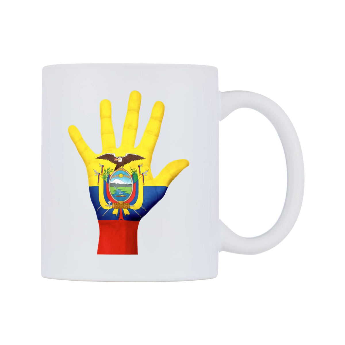 Ecuador Hand Flag Mug — white 11oz gloss mug, left side, on a white background