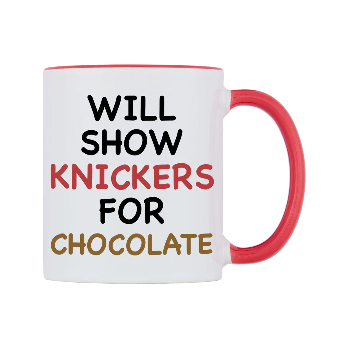 Will Show Knickers for Chocolate Mug — white 11oz gloss mug with a red inside and handle, left side, on a white background