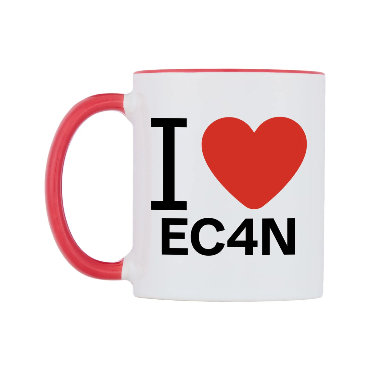 I Love EC4N Mug — white 11oz gloss mug with a red inside and handle, right side, on a white background