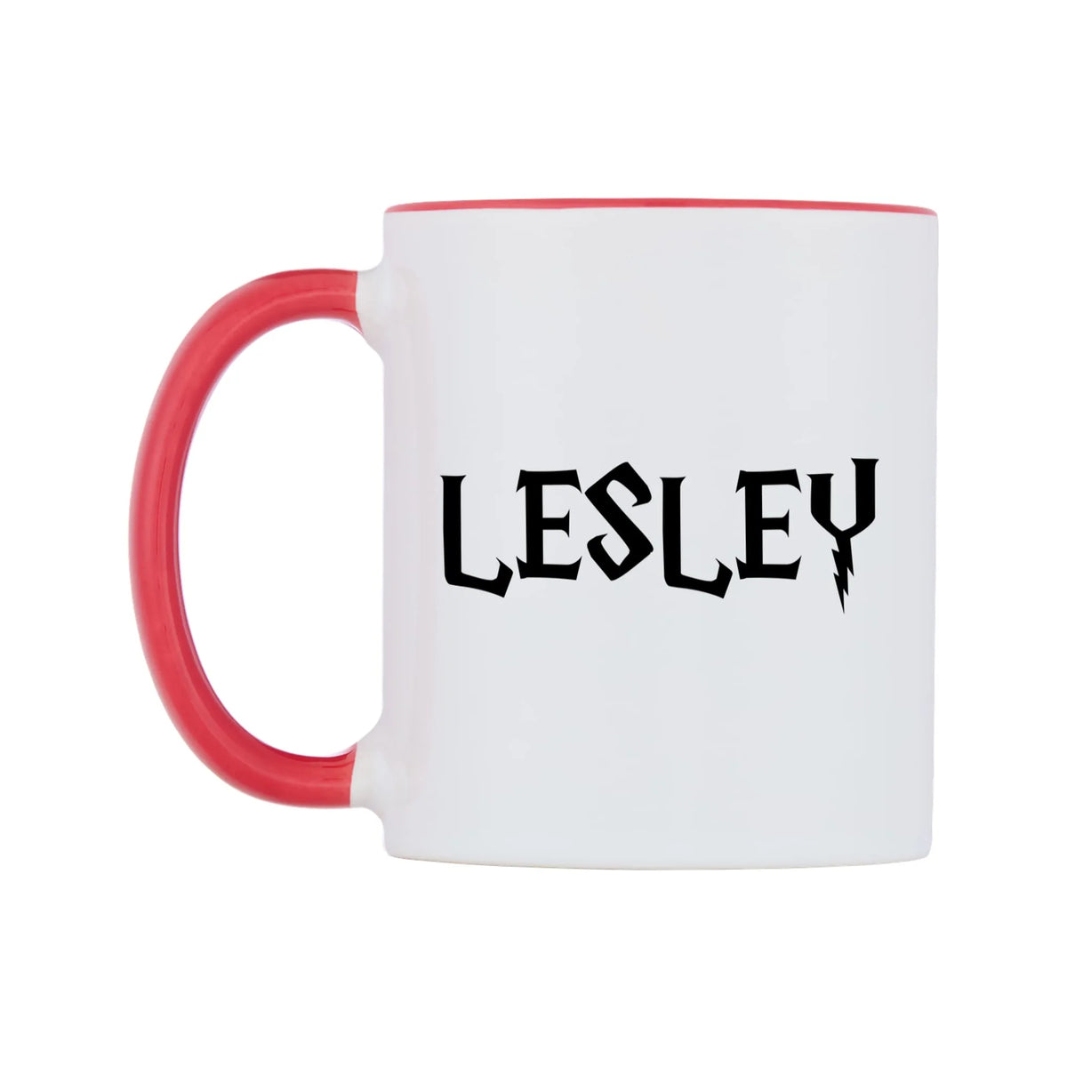 Lesley - Wizard Themed Mug — white 11oz gloss mug with a red inside and handle, right side, on a white background