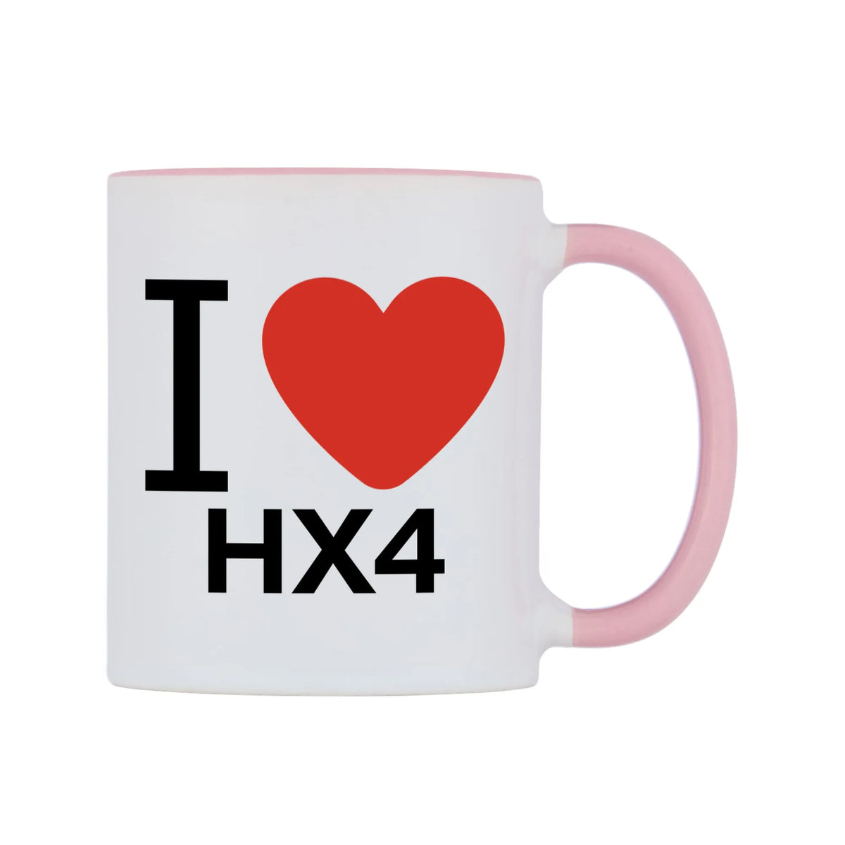 I Love HX4 Mug — white 11oz gloss mug with a pink inside and handle, left side, on a white background