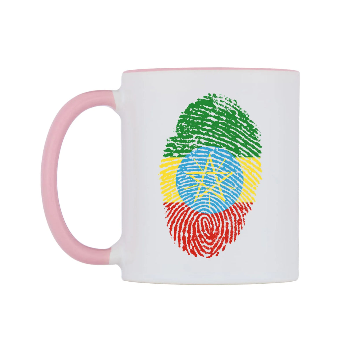 Ethiopia Finger Print Flag Mug — white 11oz gloss mug with a pink inside and handle, right side, on a white background