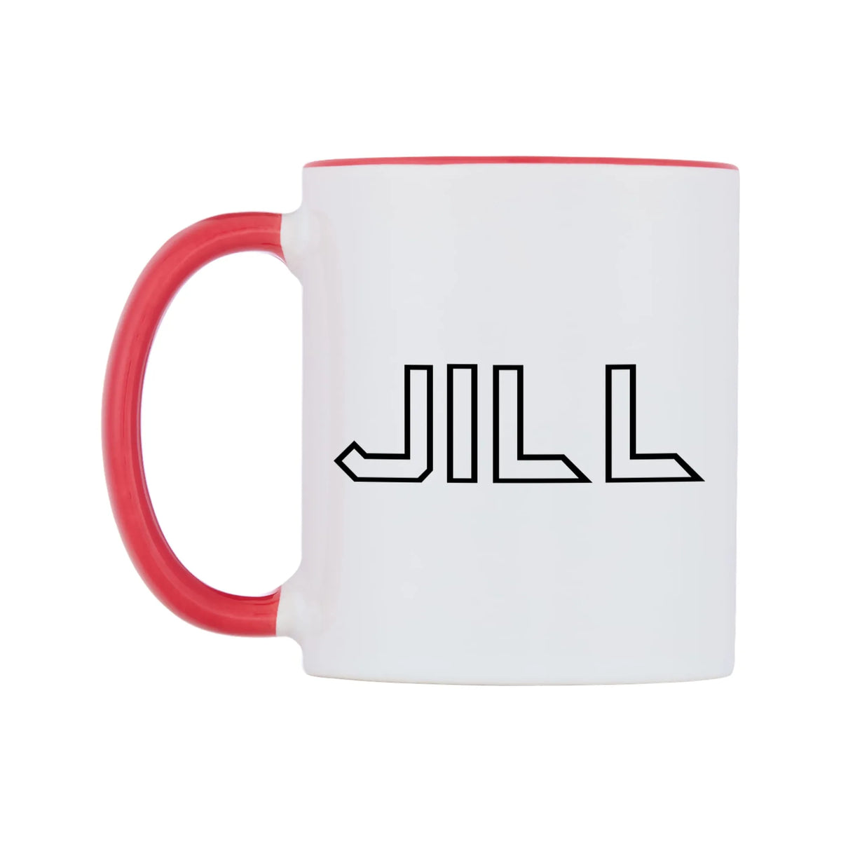Jill - Iron Maiden Themed Mug — white 11oz gloss mug with a red inside and handle, right side, on a white background