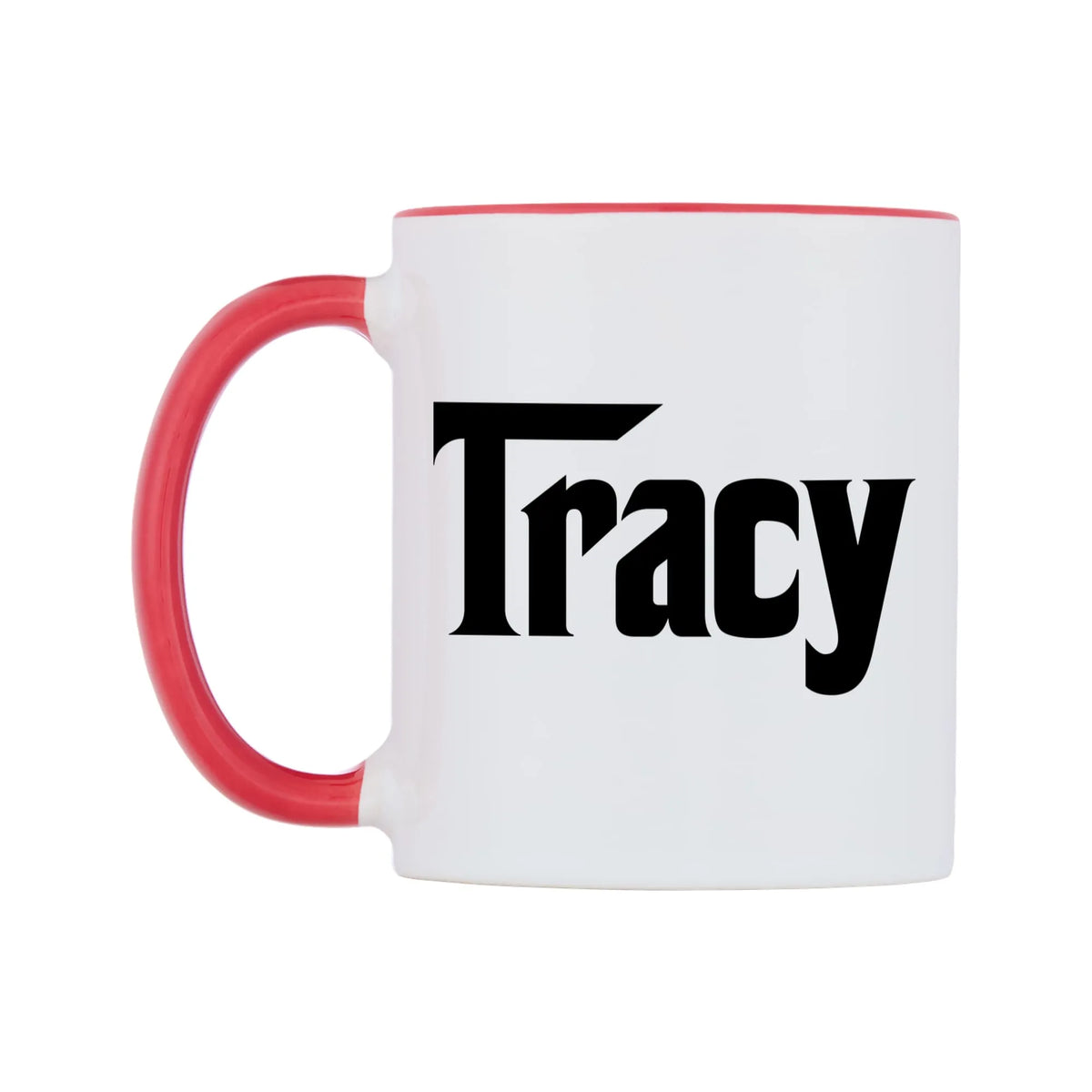 Tracy - Godfather Themed Mug — white 11oz gloss mug with a red inside and handle, right side, on a white background