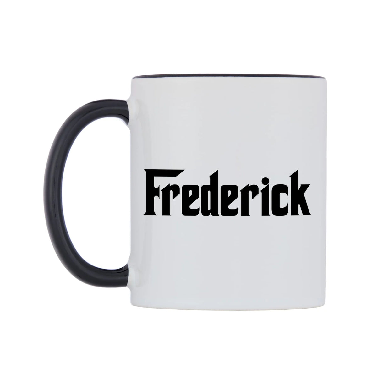 Frederick - Godfather Themed Mug — white 11oz gloss mug with a black inside and handle, right side, on a white background