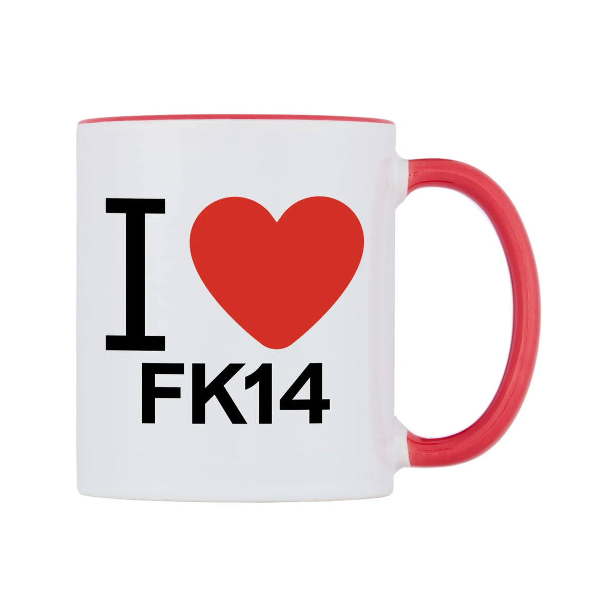I Love FK14 Mug — white 11oz gloss mug with a red inside and handle, left side, on a white background