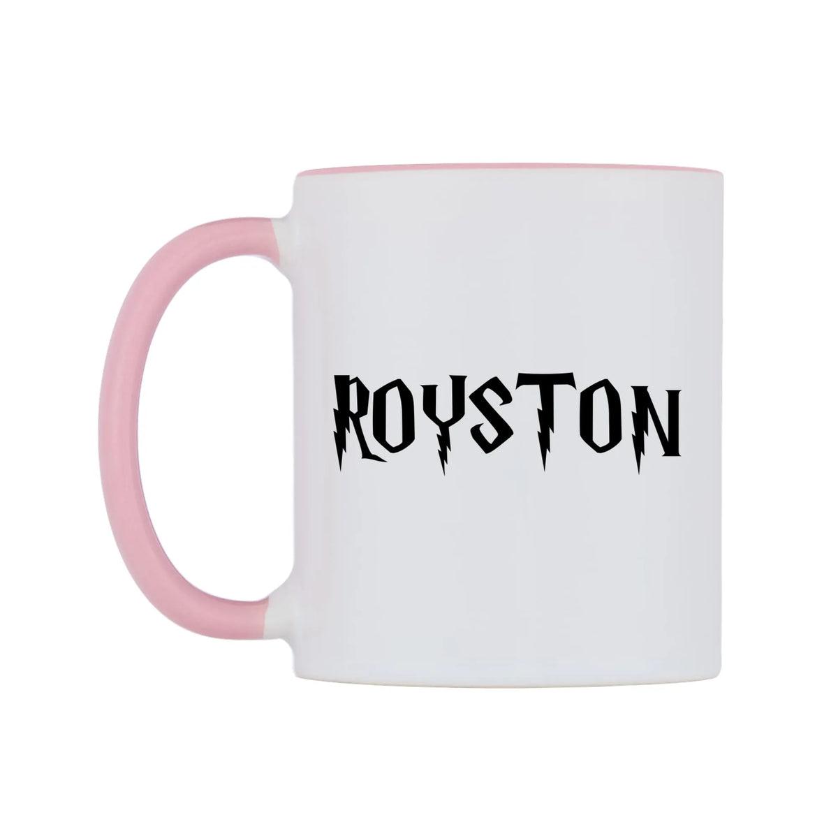 Royston - Wizard Themed Mug — white 11oz gloss mug with a pink inside and handle, right side, on a white background
