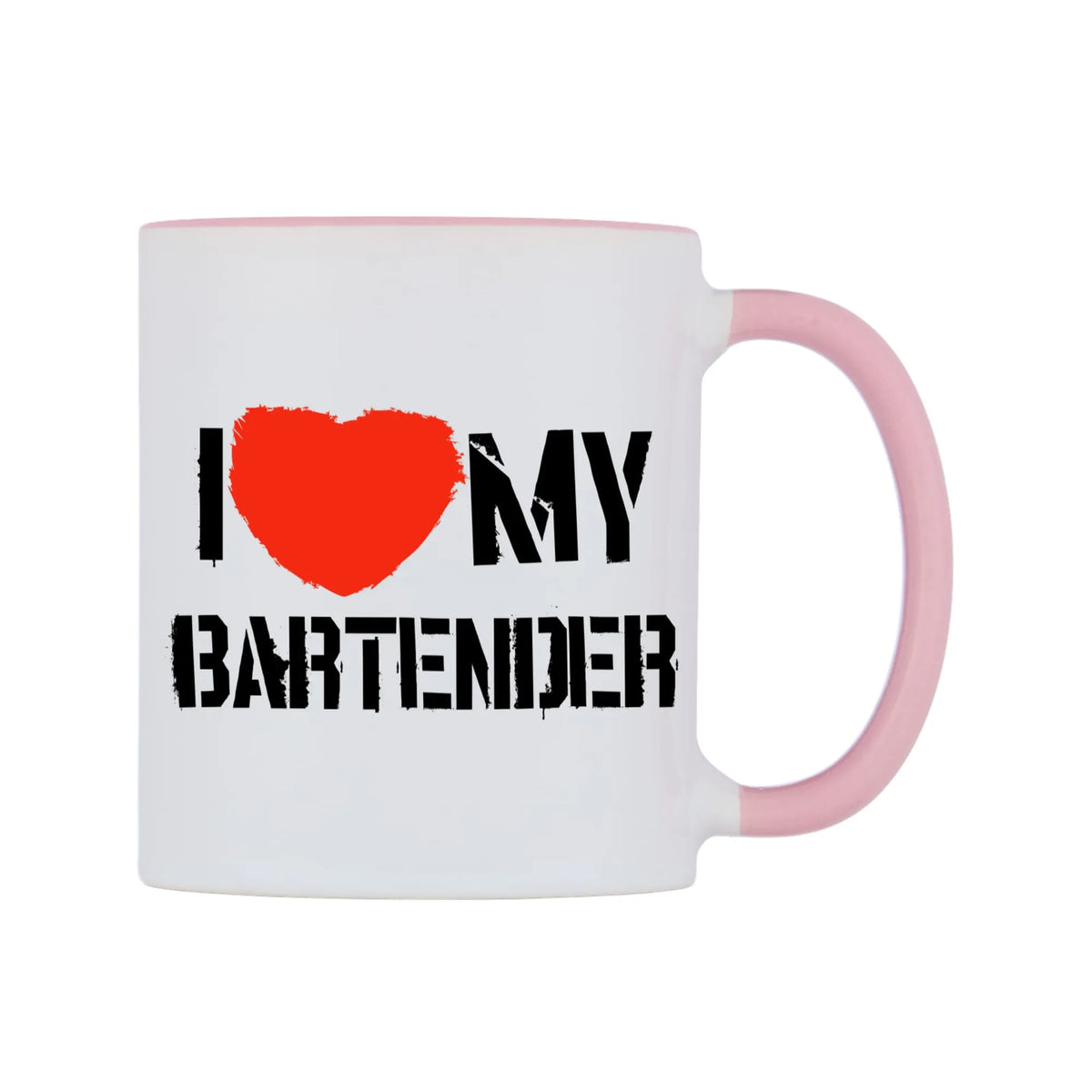 I Love My Bartender Mug — white 11oz gloss mug with a pink inside and handle, left side, on a white background
