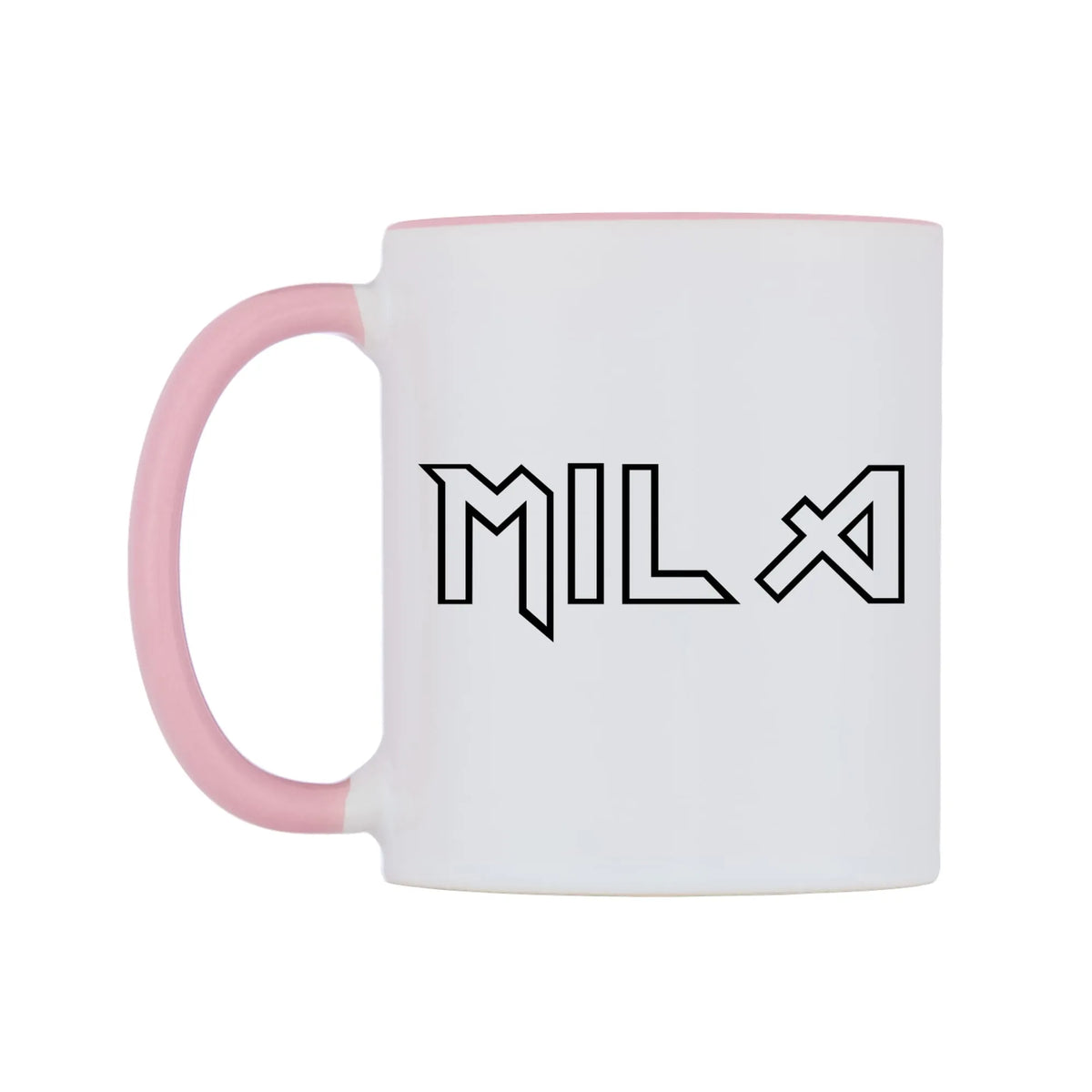 Mila - Iron Maiden Themed Mug — white 11oz gloss mug with a pink inside and handle, right side, on a white background
