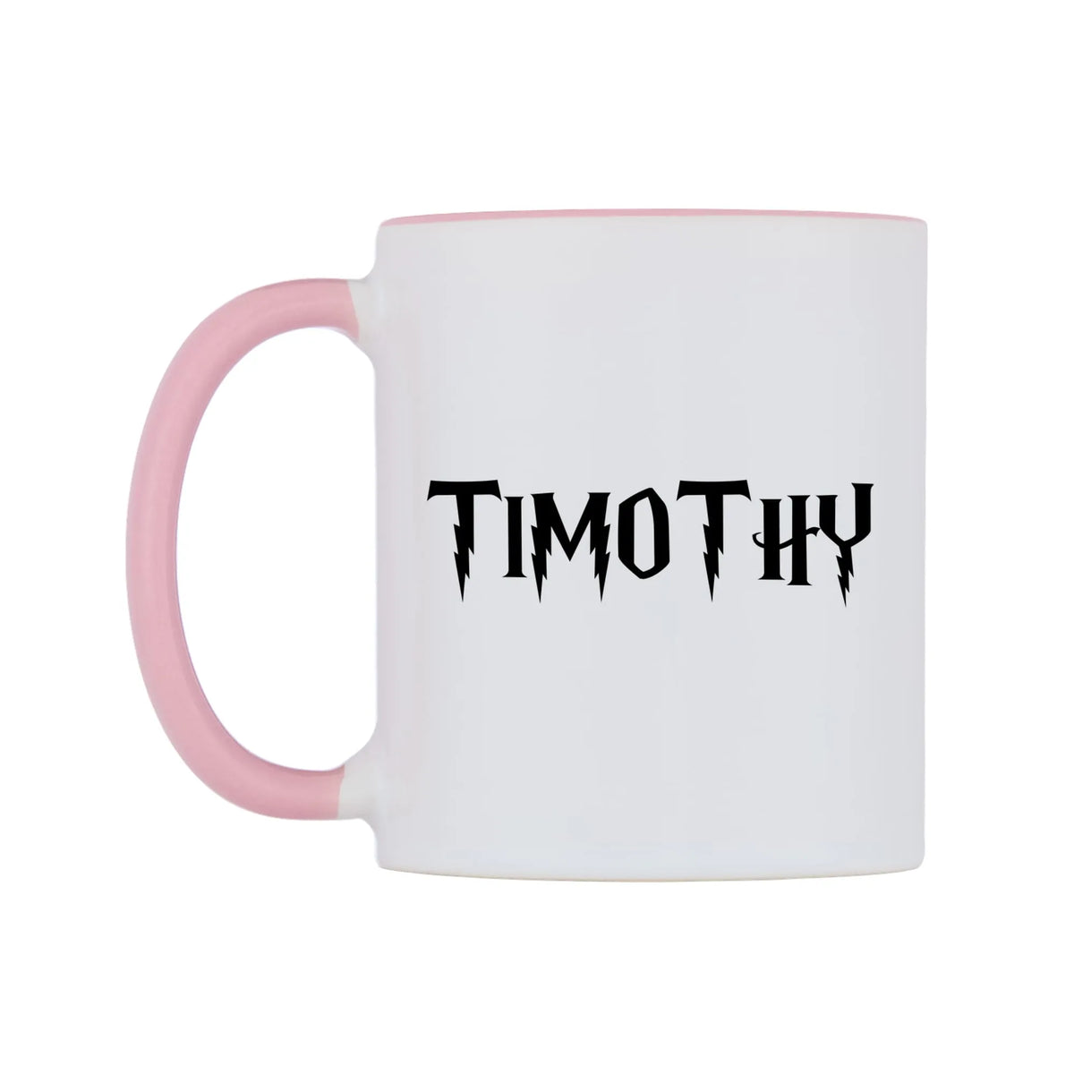 Timothy - Wizard Themed Mug — white 11oz gloss mug with a pink inside and handle, right side, on a white background