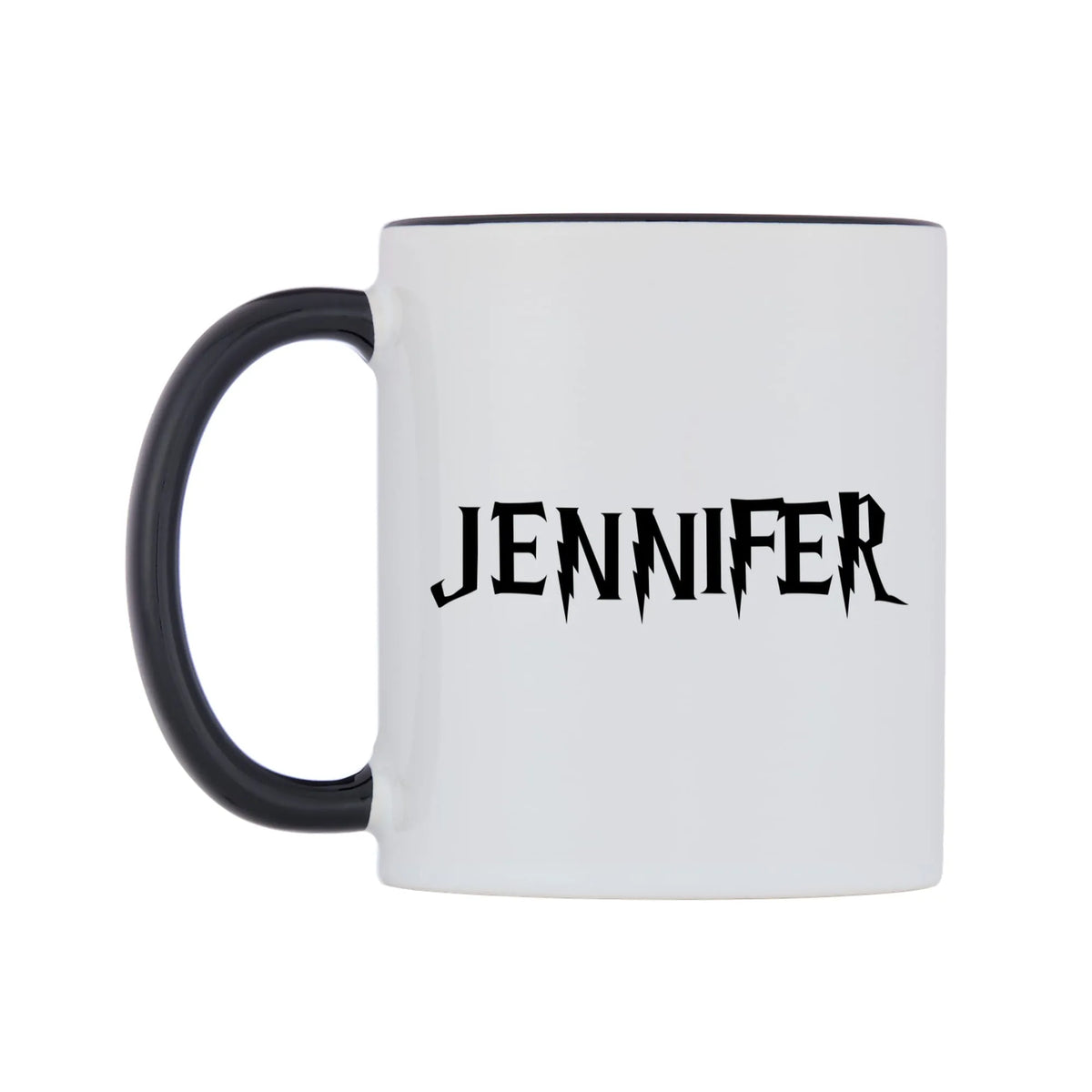 Jennifer - Wizard Themed Mug — white 11oz gloss mug with a black inside and handle, right side, on a white background