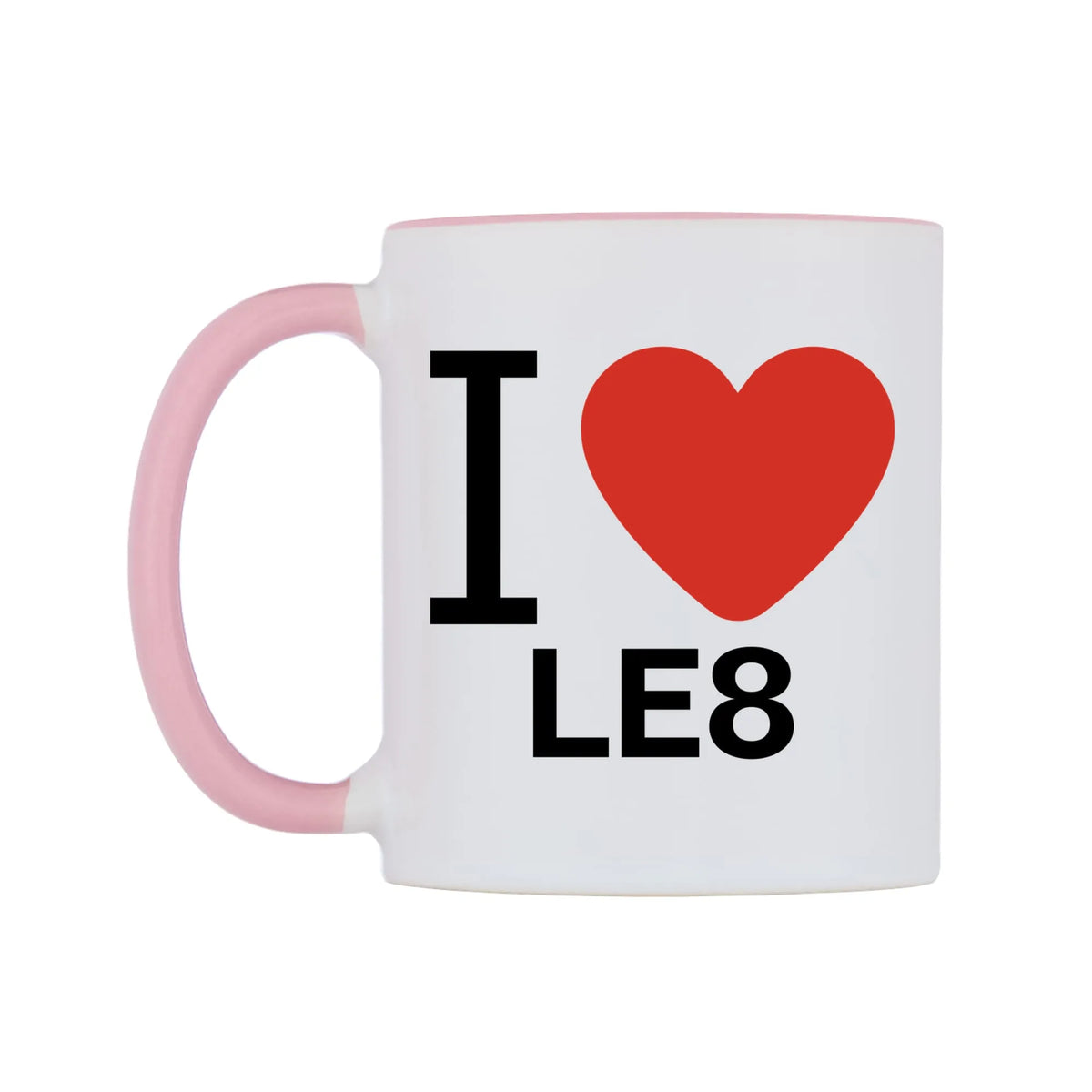 I Love LE8 Mug — white 11oz gloss mug with a pink inside and handle, right side, on a white background