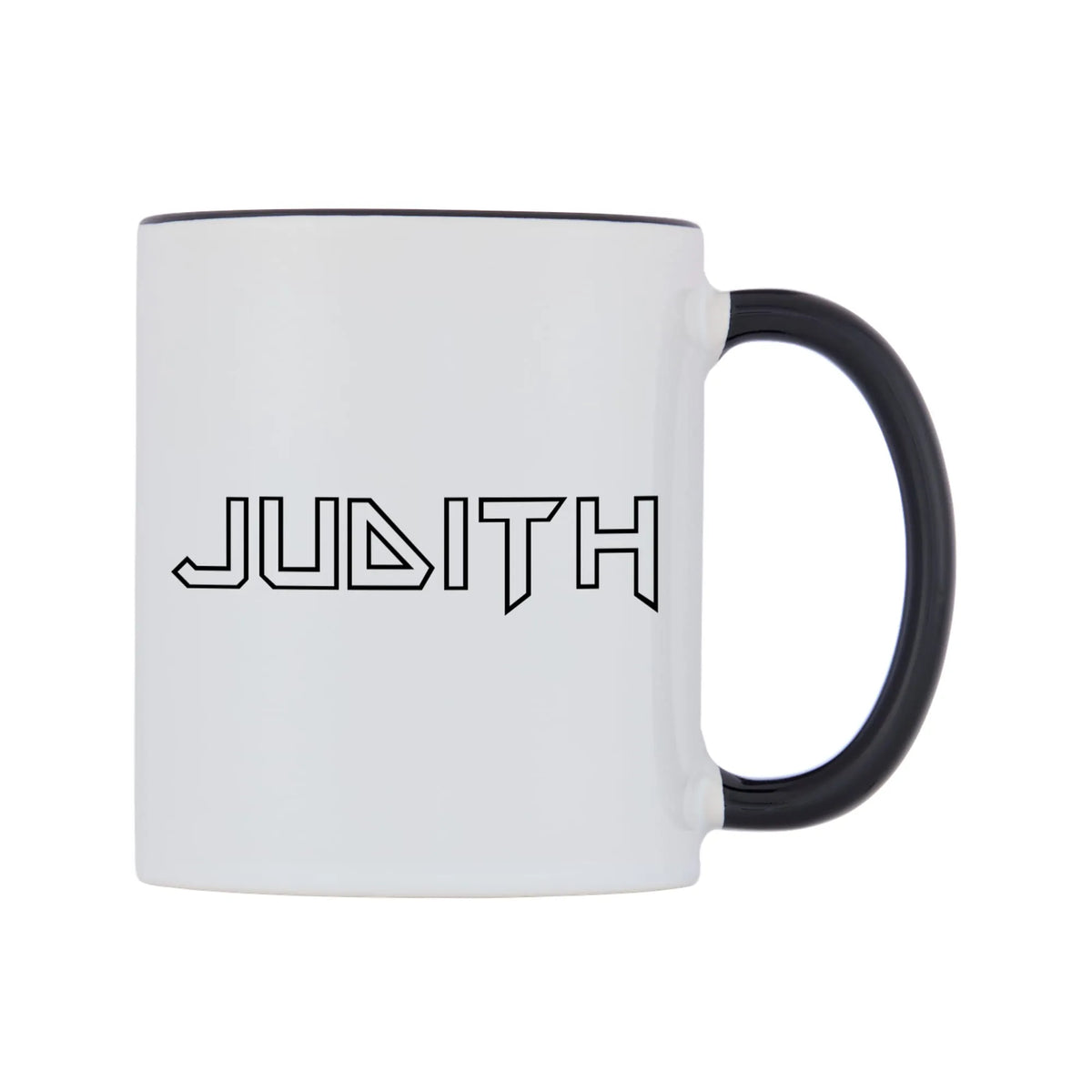 Judith - Iron Maiden Themed Mug — white 11oz gloss mug with a black inside and handle, left side, on a white background